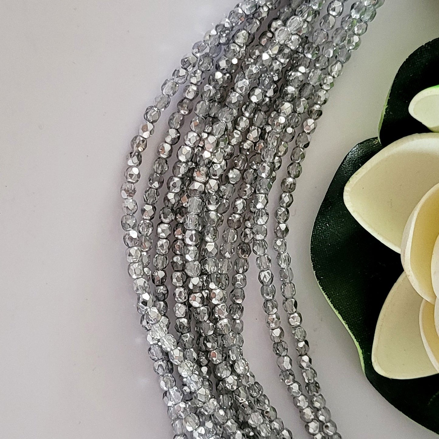 Czech Fire Polished 50 Bead Strand - Silver 3mm Round Faceted | FP-03-27001 | Beading Supply