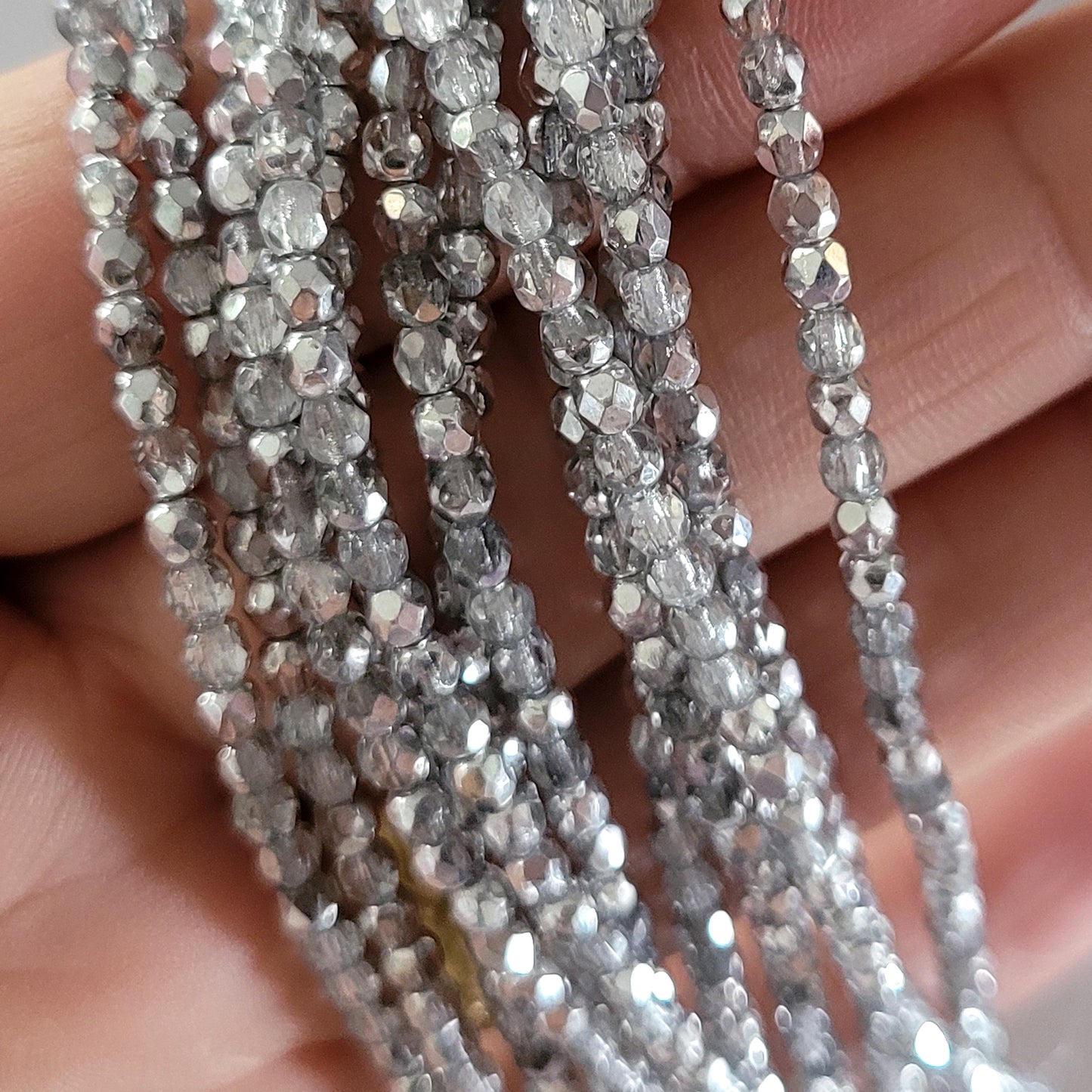 Czech Fire Polished 50 Bead Strand - Silver 3mm Round Faceted | FP-03-27001 | Beading Supply