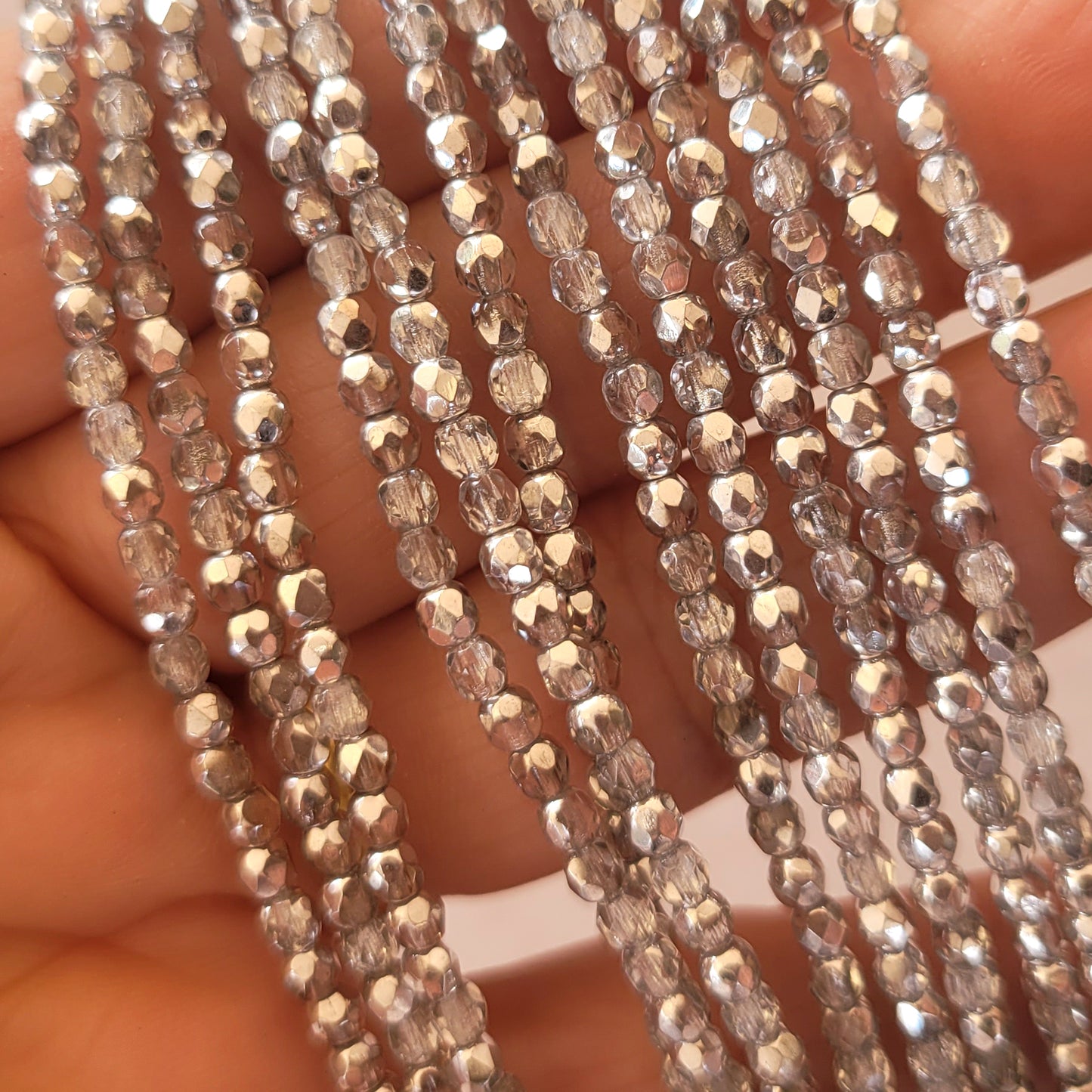 Czech Fire Polished 50 Bead Strand - Silver 3mm Round Faceted | FP-03-27001 | Beading Supply