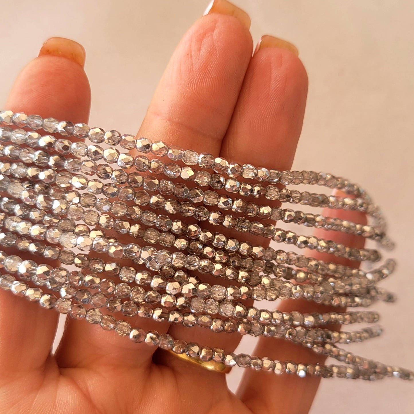 Czech Fire Polished 50 Bead Strand - Silver 3mm Round Faceted | FP-03-27001 | Beading Supply