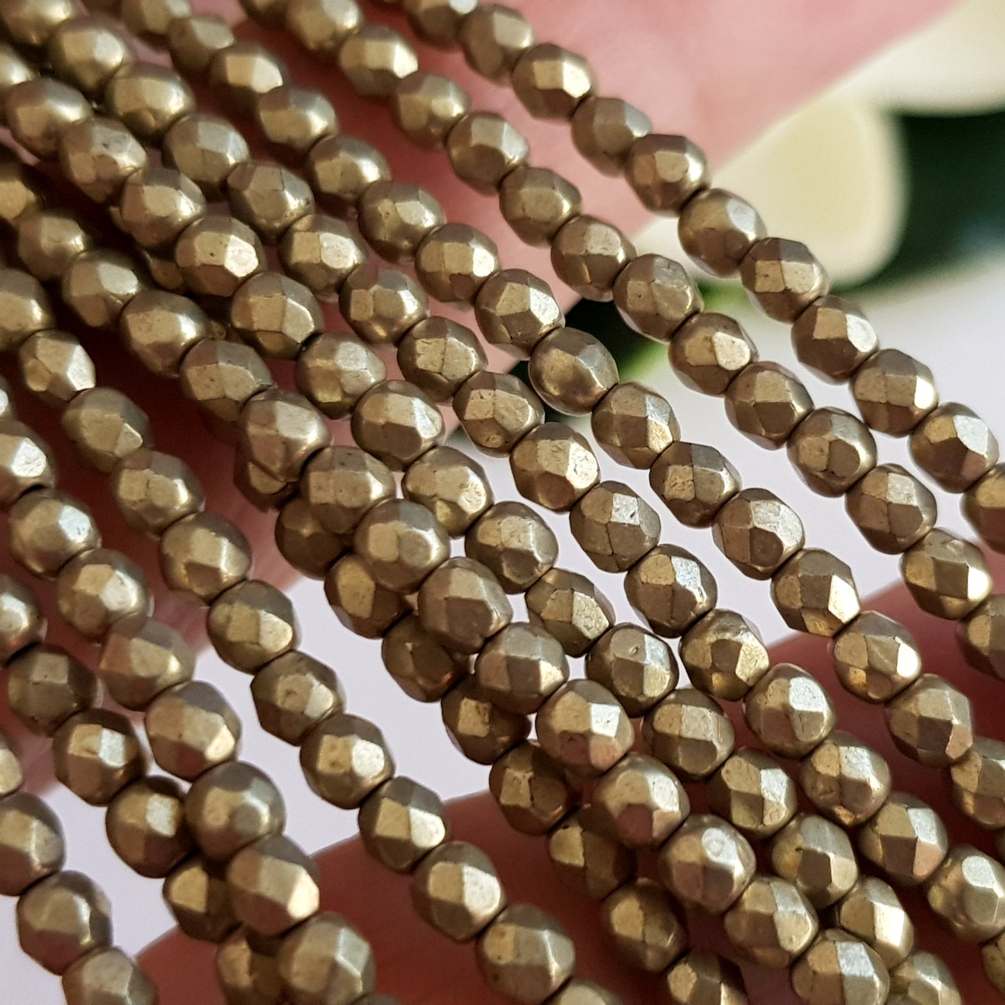 Czech Fire Polished 50 Bead Strand - Suede Gold Cloud Dream 3mm Round Faceted | FP-08A05-CB-03 | Beading Supply