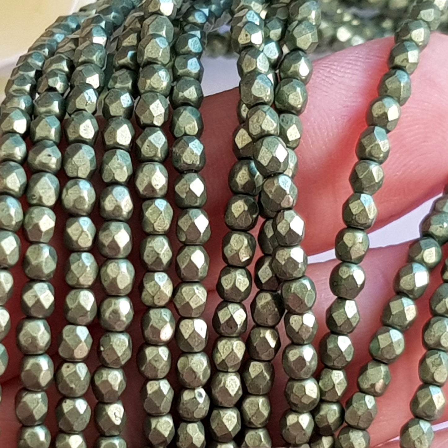 Czech Fire Polished 50 Bead Strand - Sueded Gold Fern 3mm Round Faceted | FP-08A06-CB-03 | Beading Supply