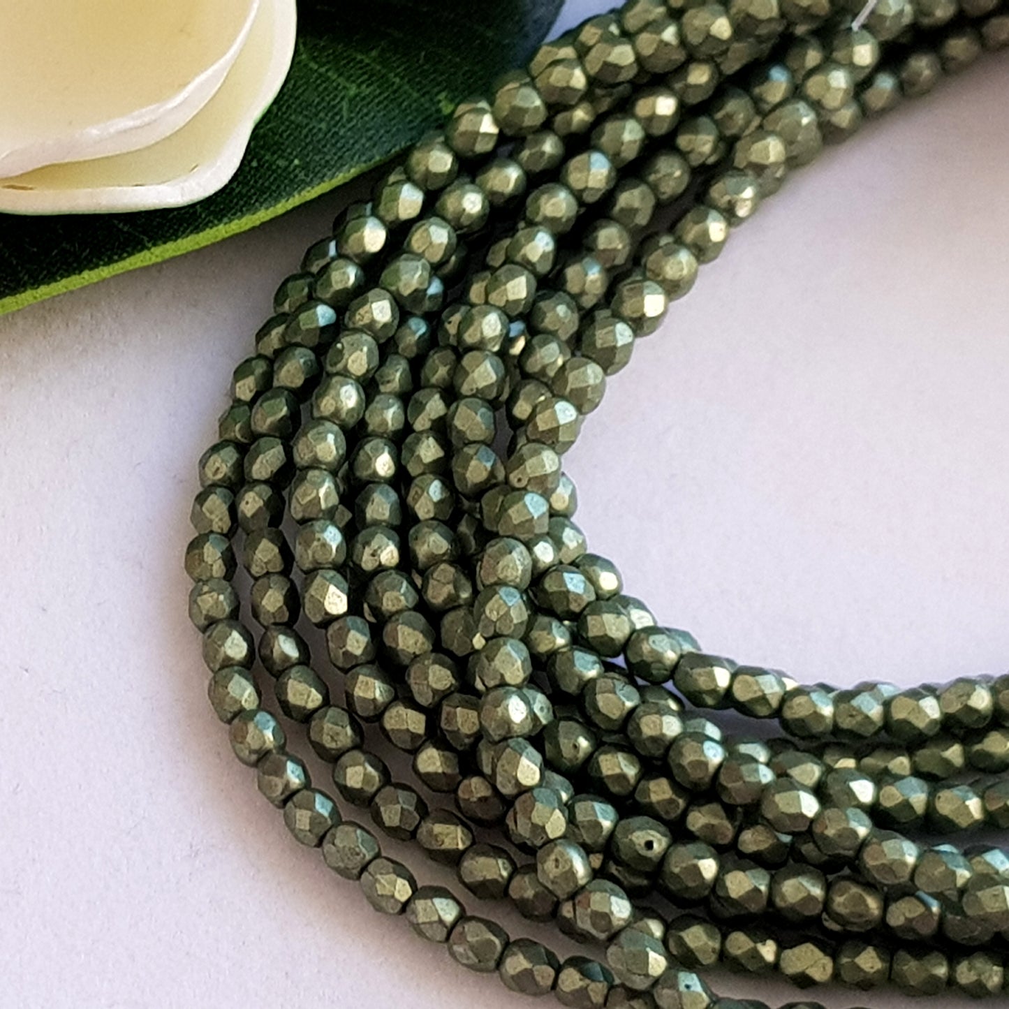 Czech Fire Polished 50 Bead Strand - Sueded Gold Fern 3mm Round Faceted | FP-08A06-CB-03 | Beading Supply