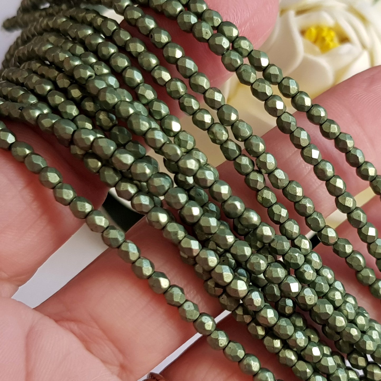 Czech Fire Polished 50 Bead Strand - Sueded Gold Fern 3mm Round Faceted | FP-08A06-CB-03 | Beading Supply