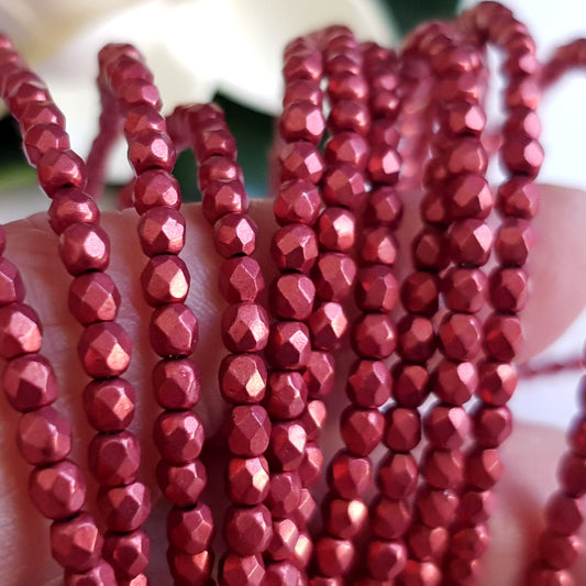 Czech Fire Polished 50 Bead Strand - Suede Gold Samba Red 3mm Round Faceted  |  FP-08A07-CB-03 | Beading Supply