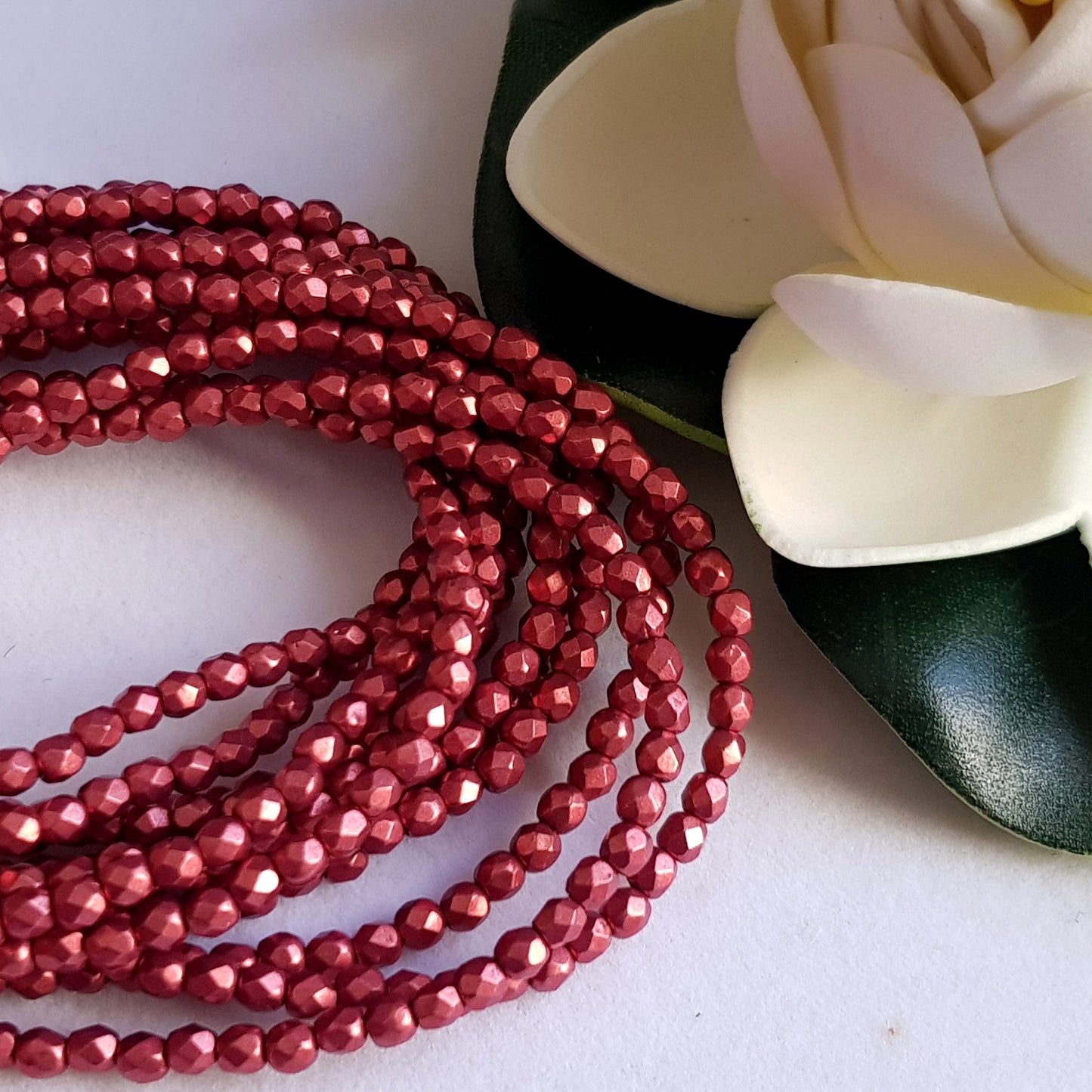 Czech Fire Polished 50 Bead Strand - Suede Gold Samba Red 3mm Round Faceted  |  FP-08A07-CB-03 | Beading Supply