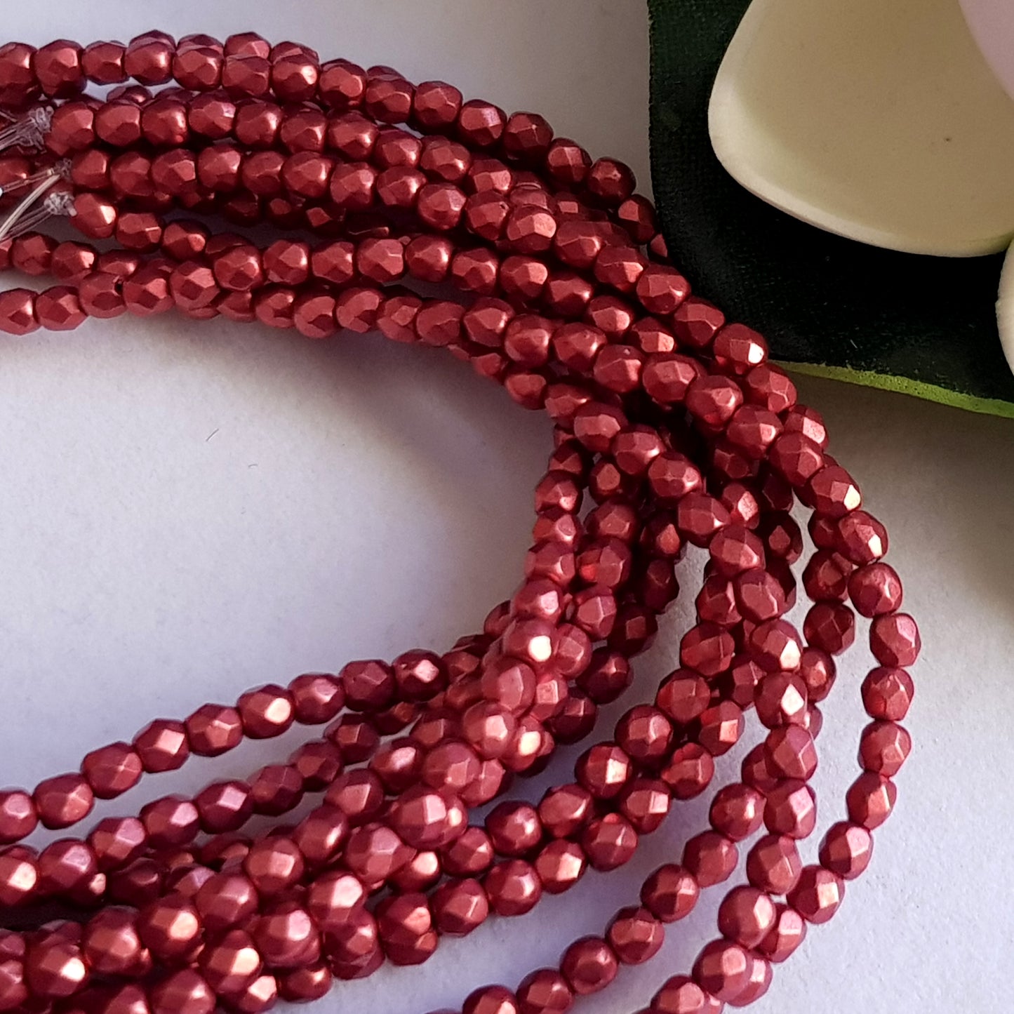 Czech Fire Polished 50 Bead Strand - Suede Gold Samba Red 3mm Round Faceted  |  FP-08A07-CB-03 | Beading Supply