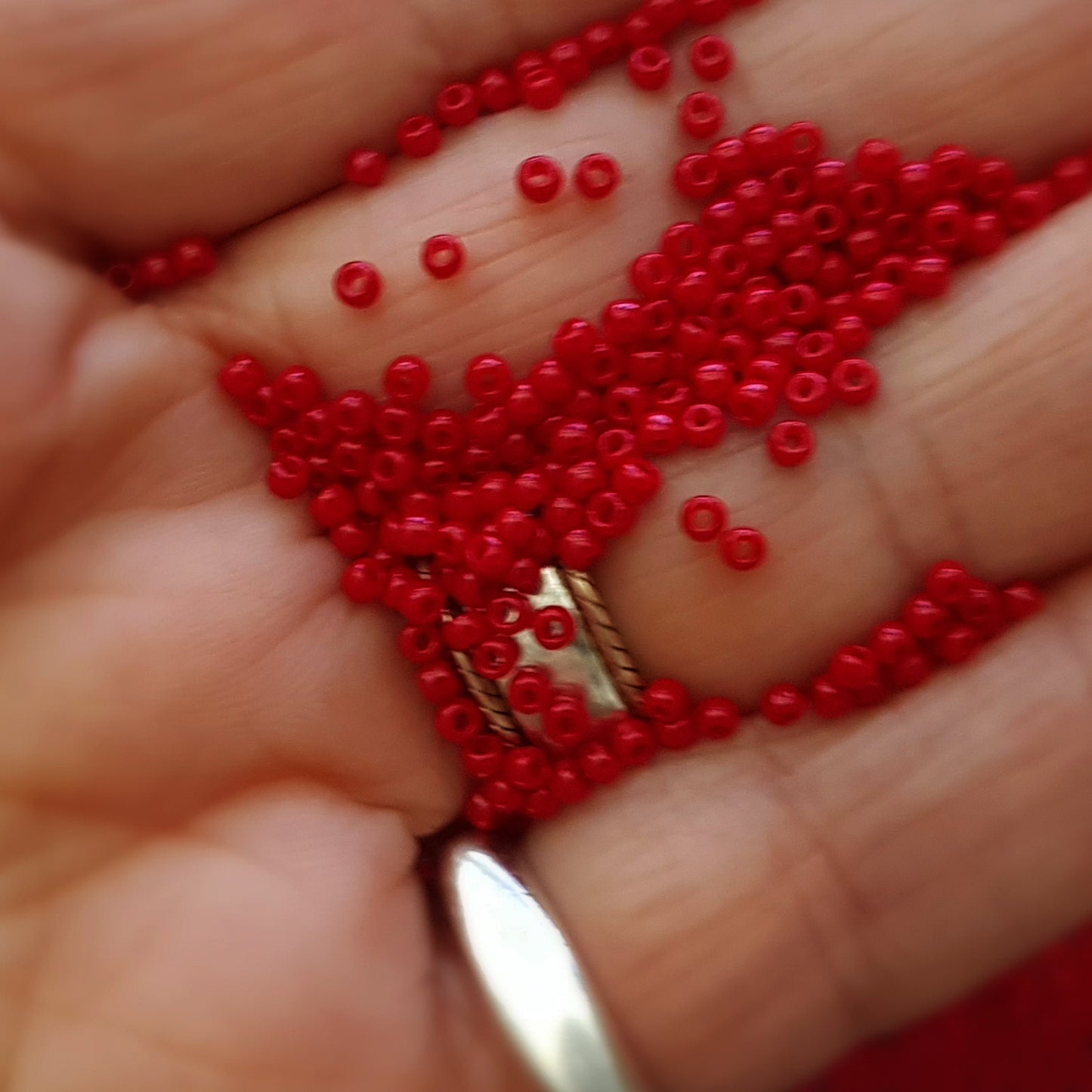 11/0 #45 Pepper Red Opaque Toho Seed Beads close on hand | Beading Supply | Kalitheo BeadsNWire