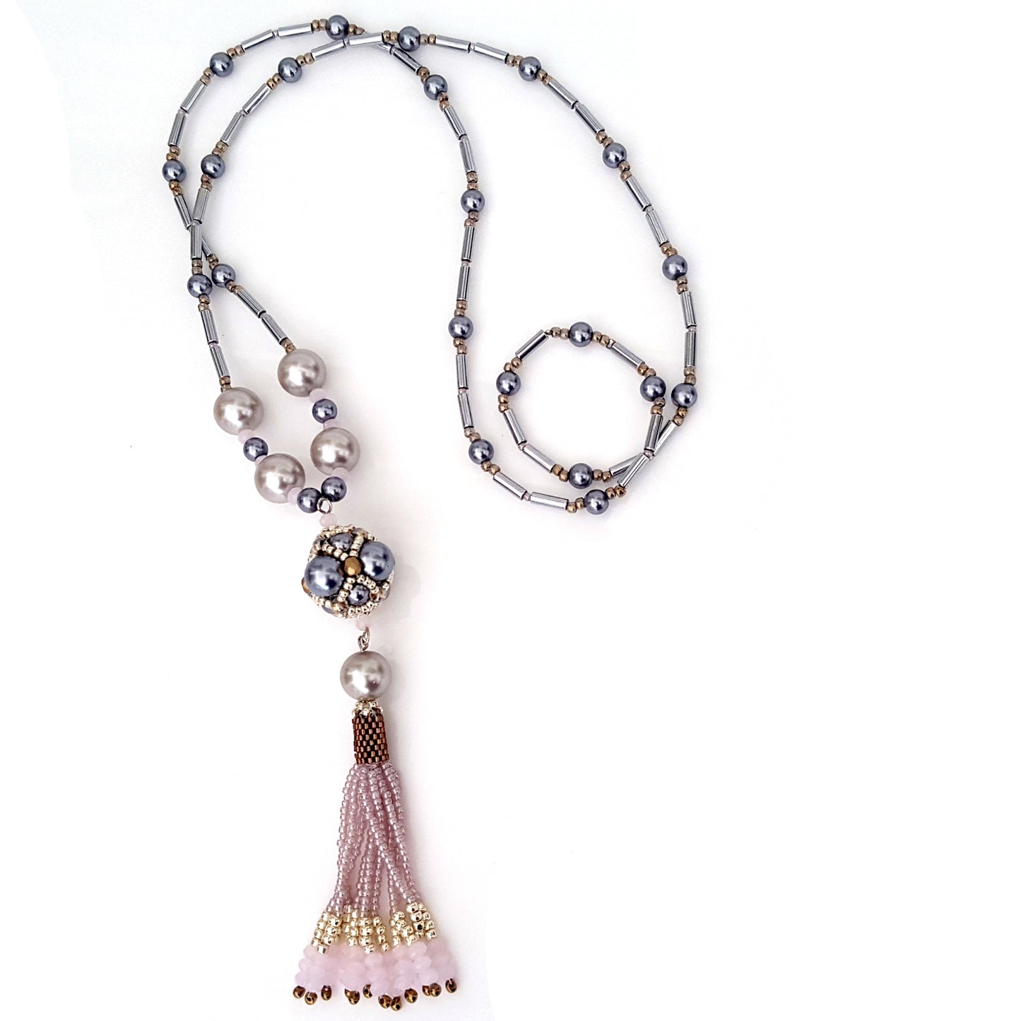 The Enchanted Ball - Pink Beaded Tassel Statement Necklace | KJ-390/PIN Handmade Necklace - Kalitheo Jewellery