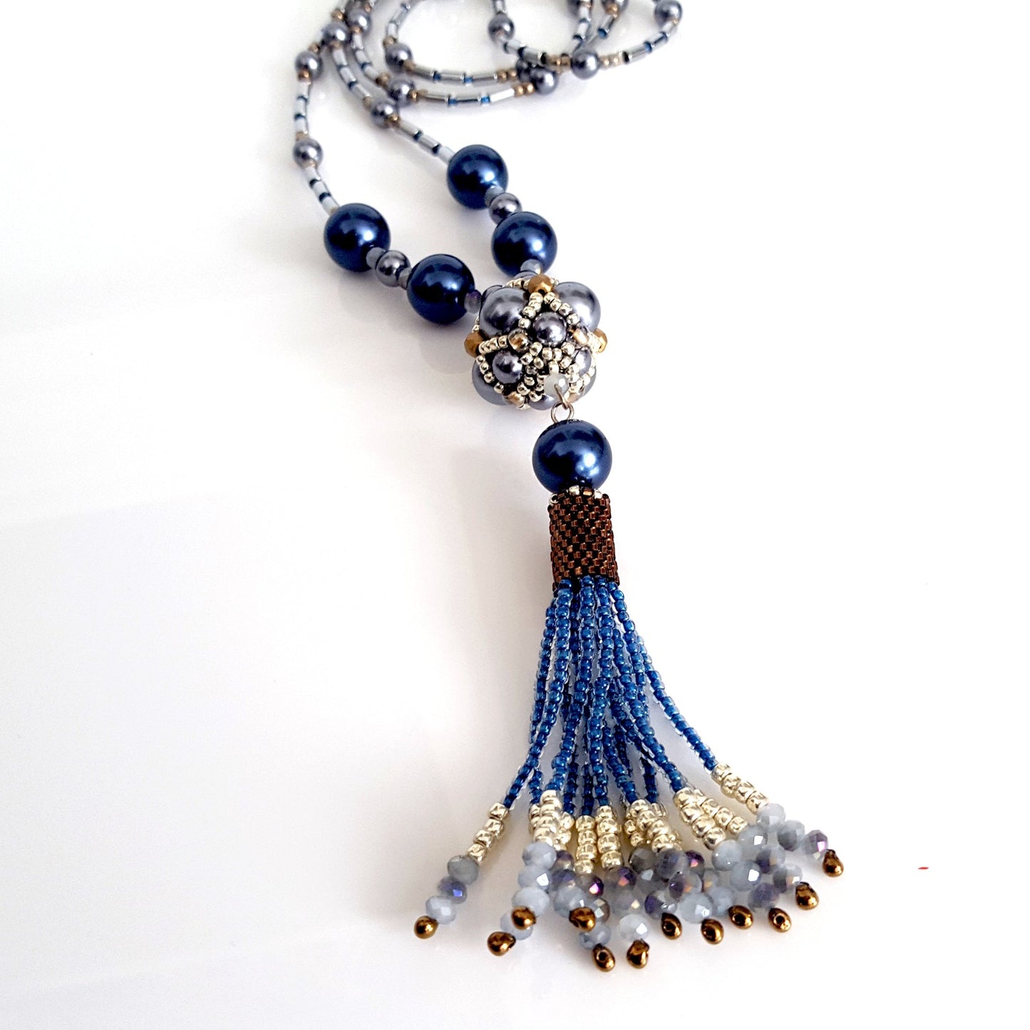 The Enchanted Ball Necklace - Blue Beaded Tassel Statement Necklace | (KJ-390N/BLU ) Artisan Necklace - Kalitheo