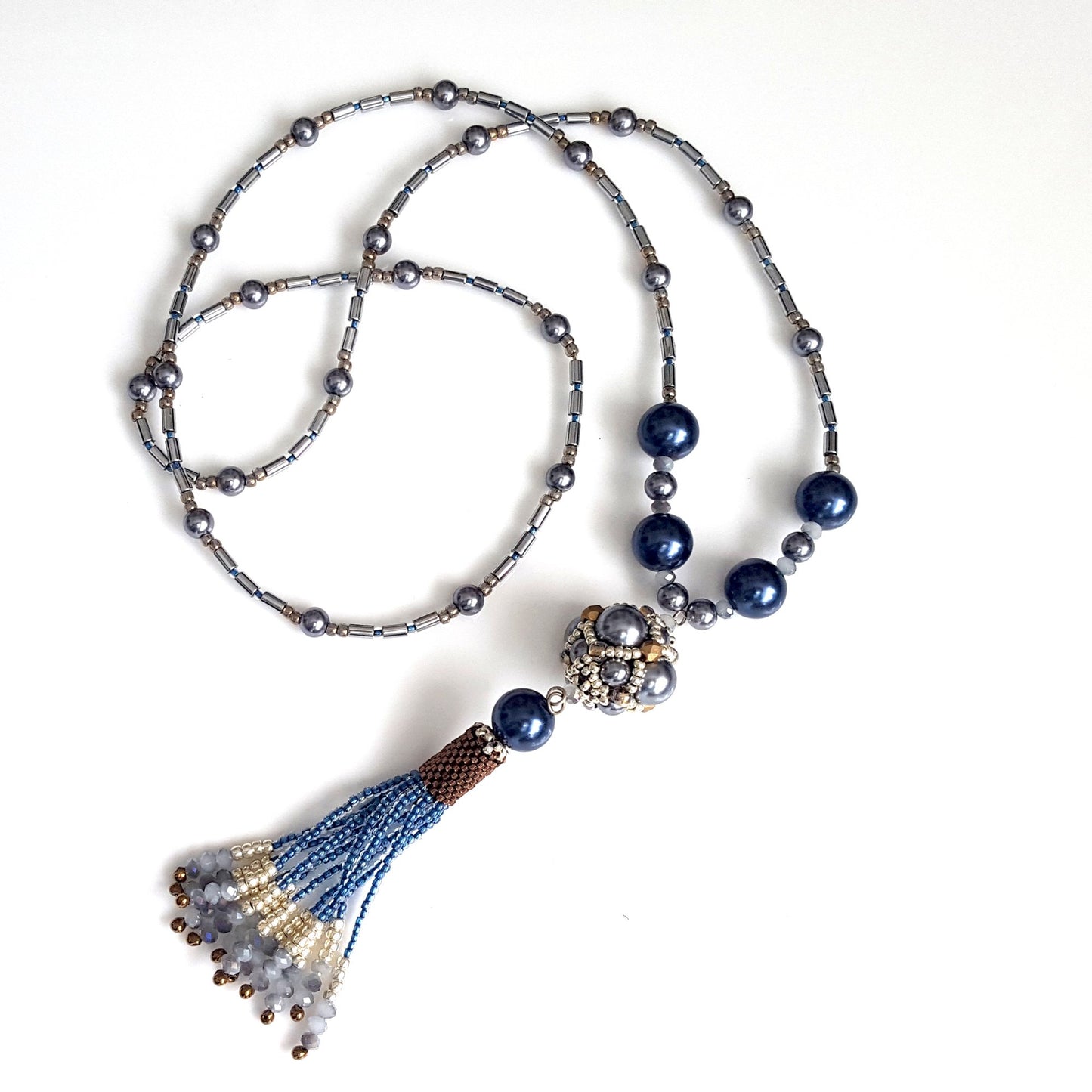 The Enchanted Ball Necklace - Blue Beaded Tassel Statement Necklace | (KJ-390N/BLU ) Artisan Necklace - Kalitheo