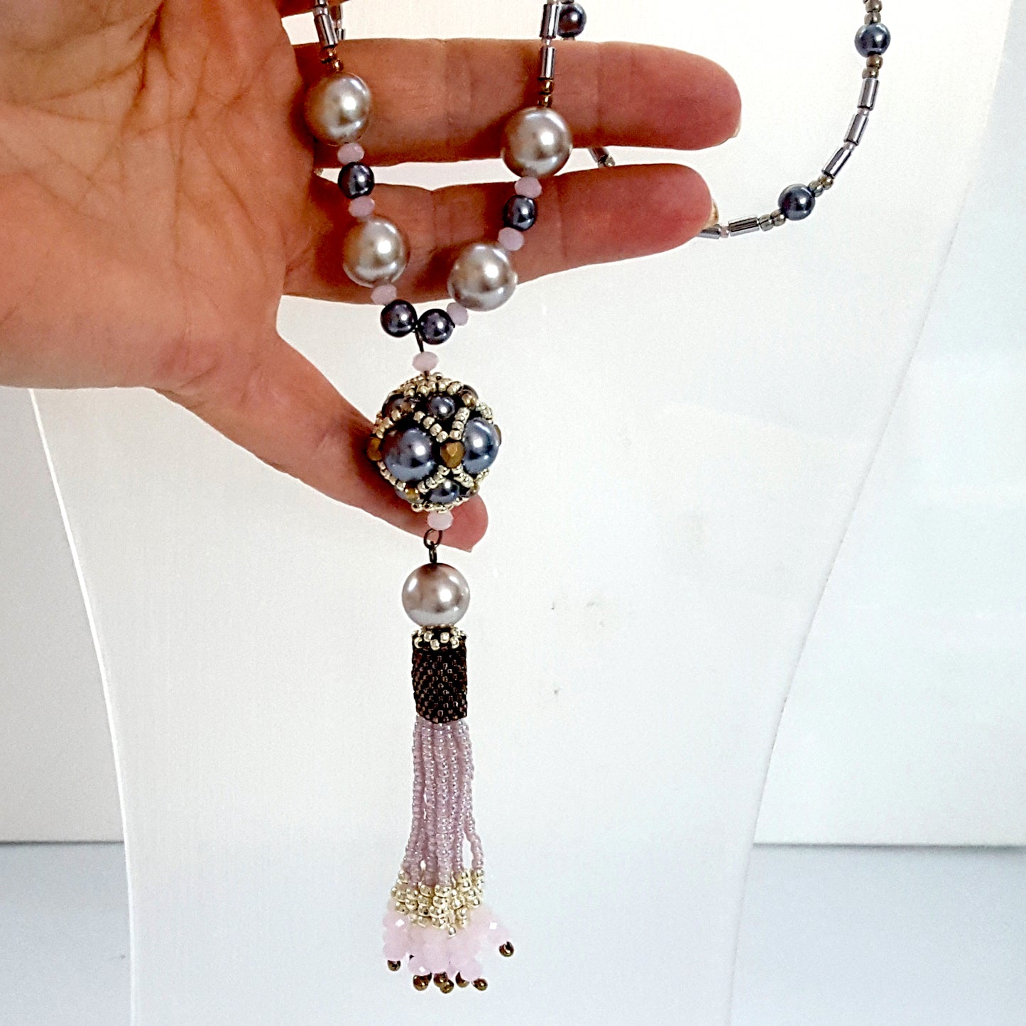 The Enchanted Ball - Pink Beaded Tassel Statement Necklace | KJ-390/PIN Handmade Necklace - Kalitheo Jewellery
