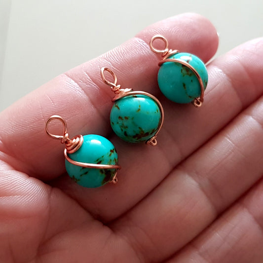 Blue Turquoise Copper Wrapped Dyed Stone 12 mm Drop/Dangle | WC-001D | Jewellery Making Supply - Kalitheo Jewellery