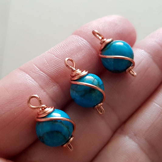 Copper Wire Wrapped Blue Dyed Stone 10 mm - Drop - Dangle | WC-003D | Jewellery Making Supply - Kalitheo Jewellery