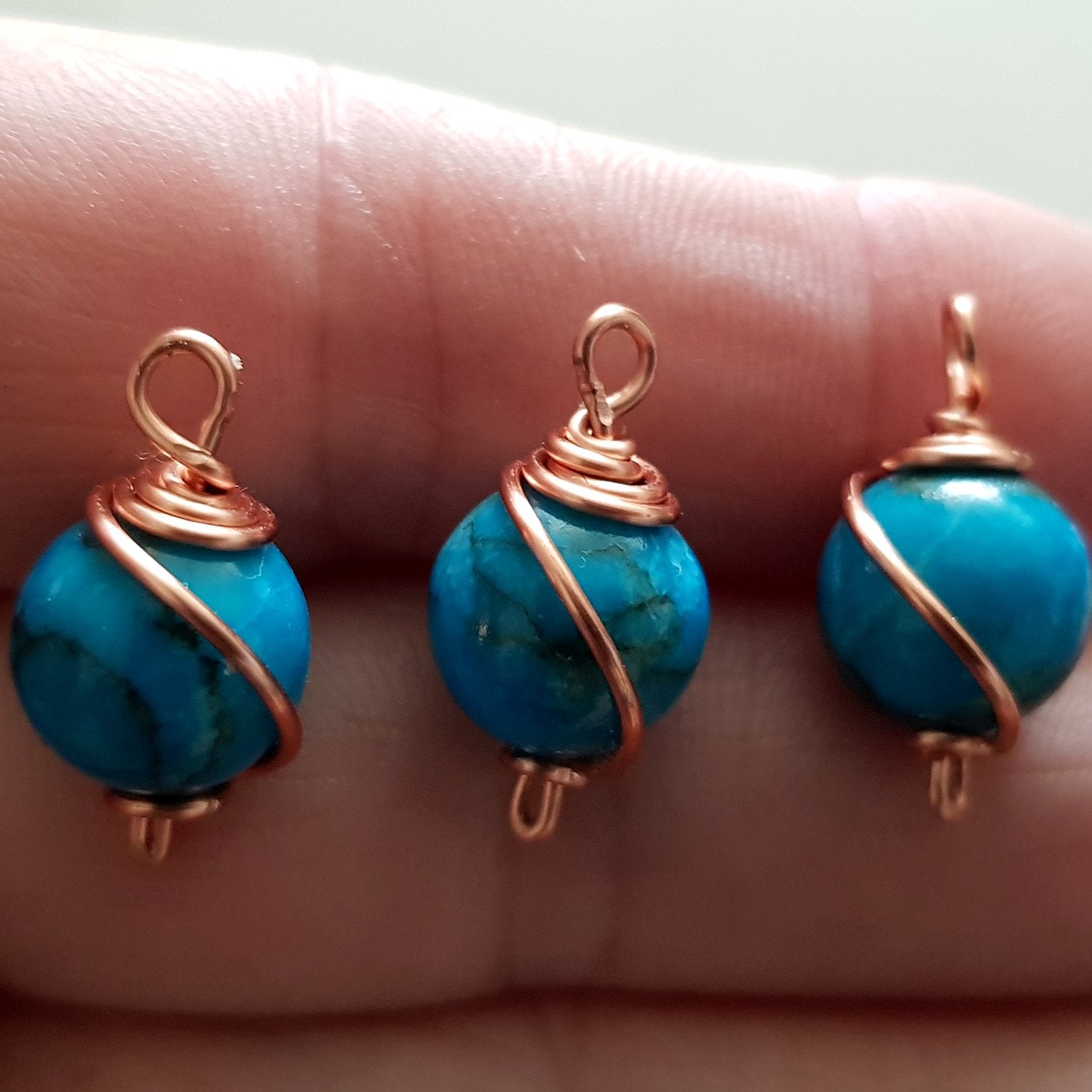 Copper Wire Wrapped Blue Dyed Stone 10 mm - Drop - Dangle | WC-003D | Jewellery Making Supply - Kalitheo Jewellery