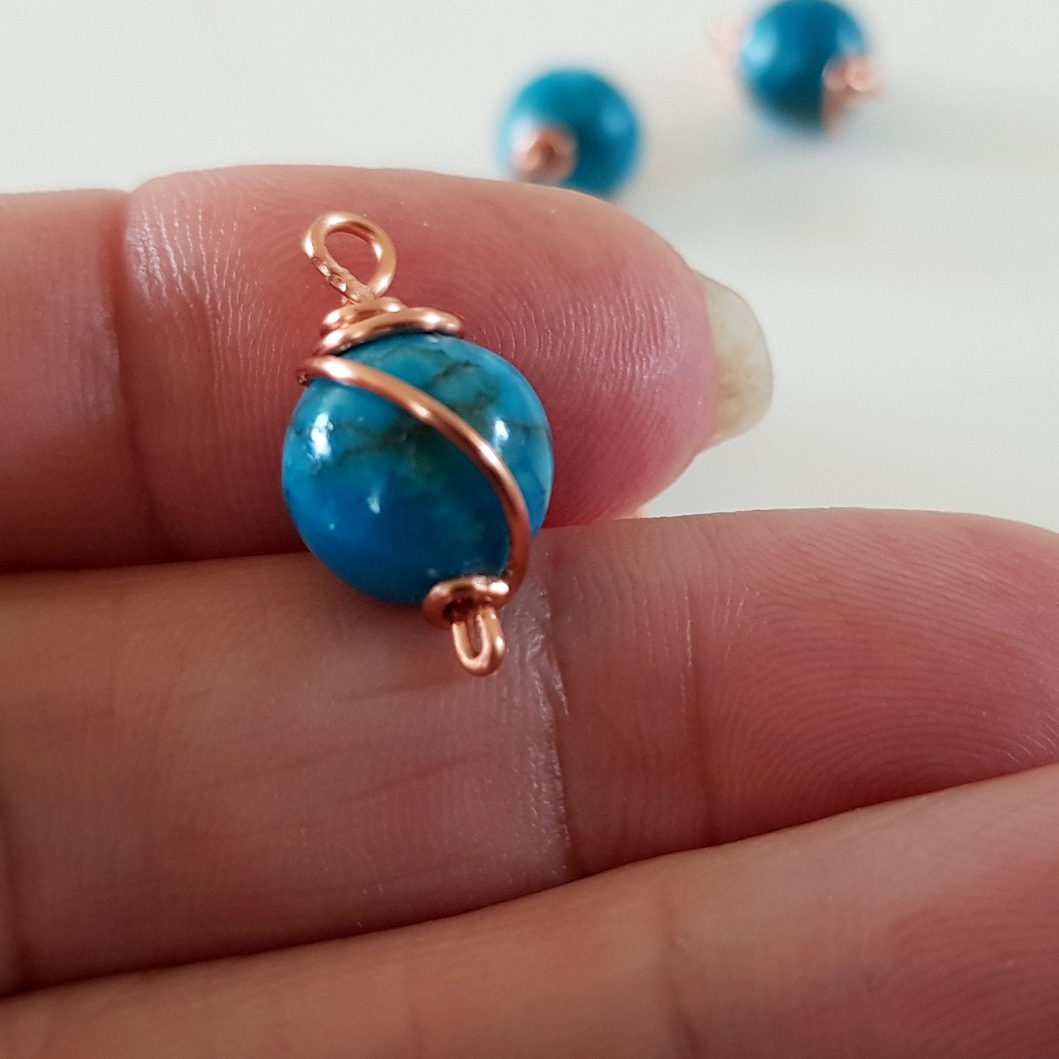 Copper Wire Wrapped Blue Dyed Stone 10 mm - Drop - Dangle | WC-003D | Jewellery Making Supply - Kalitheo Jewellery