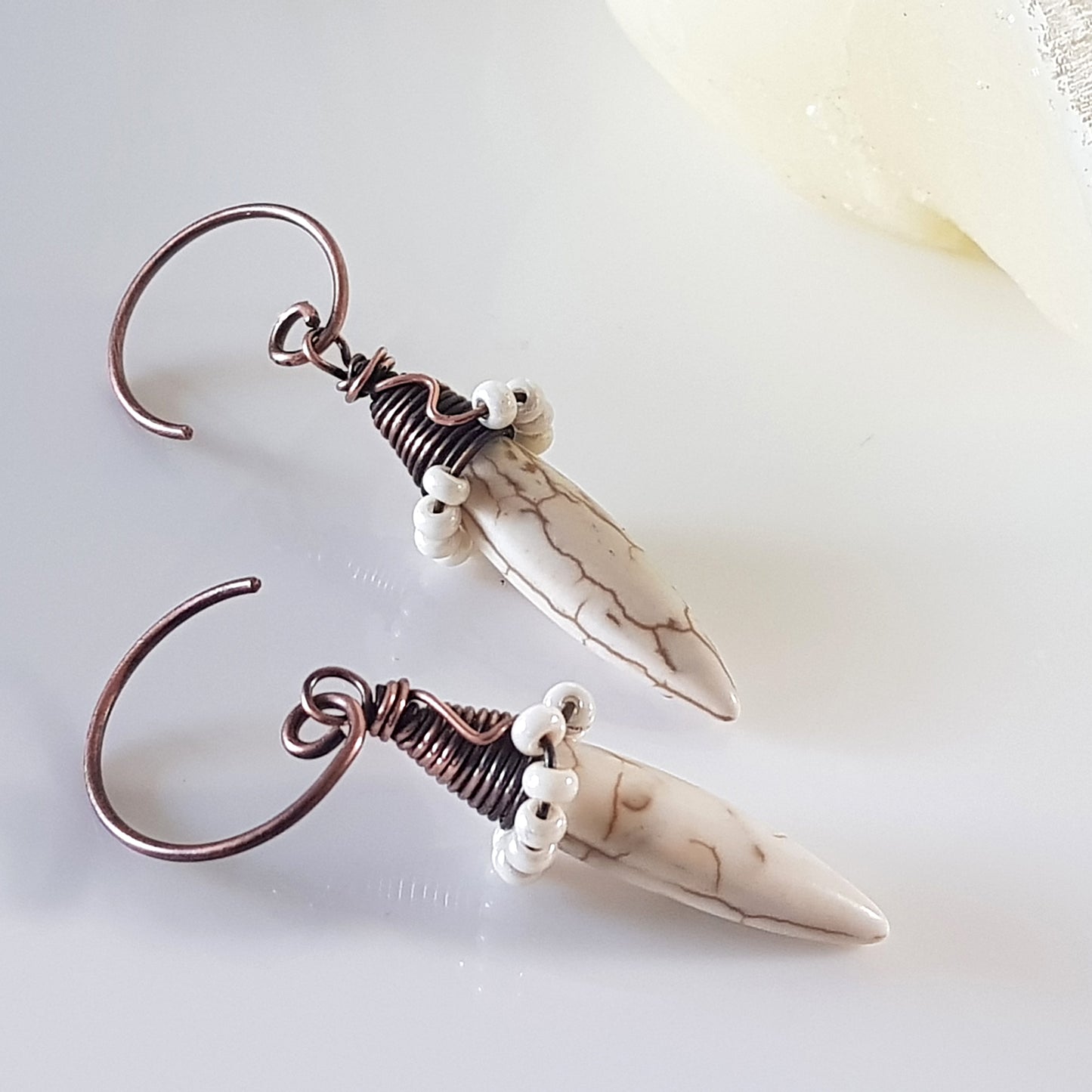 White Howlite Spike Earrings | (KJ-395E | Artisan Earrings - Kalitheo Jewellery