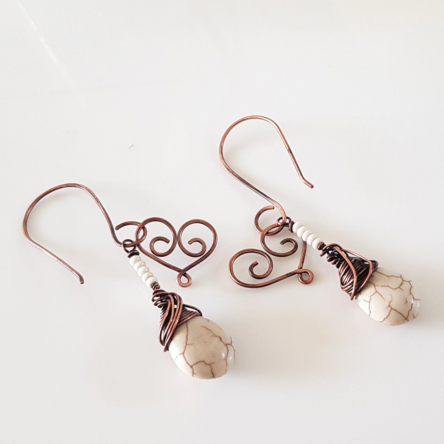 Hanging Hearts - Oxidized Copper Teardrop Howlite | (KJ-397E) Handmade Earrings - Kalitheo Jewellery