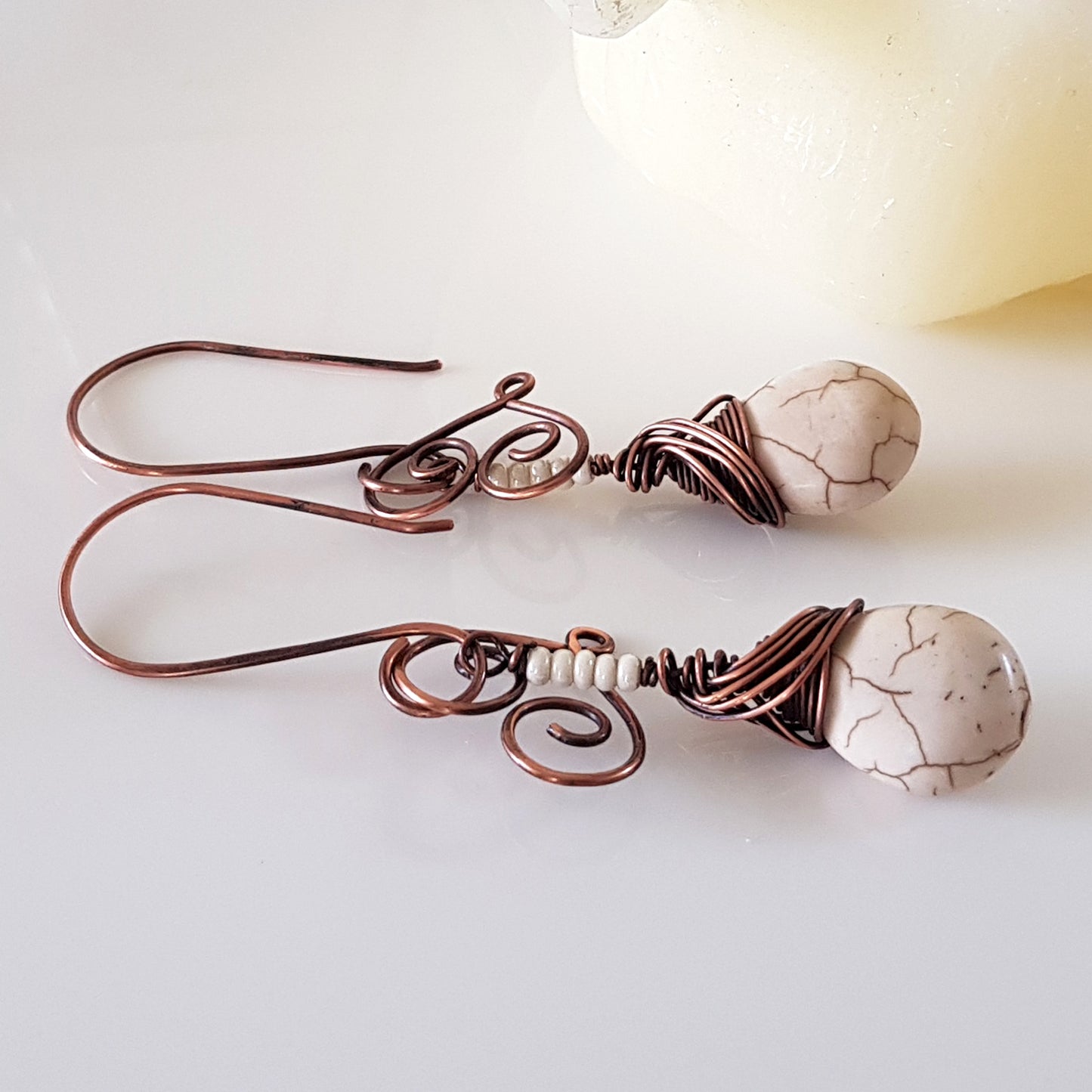 Hanging Hearts - Oxidized Copper Teardrop Howlite | (KJ-397E) Handmade Earrings - Kalitheo Jewellery