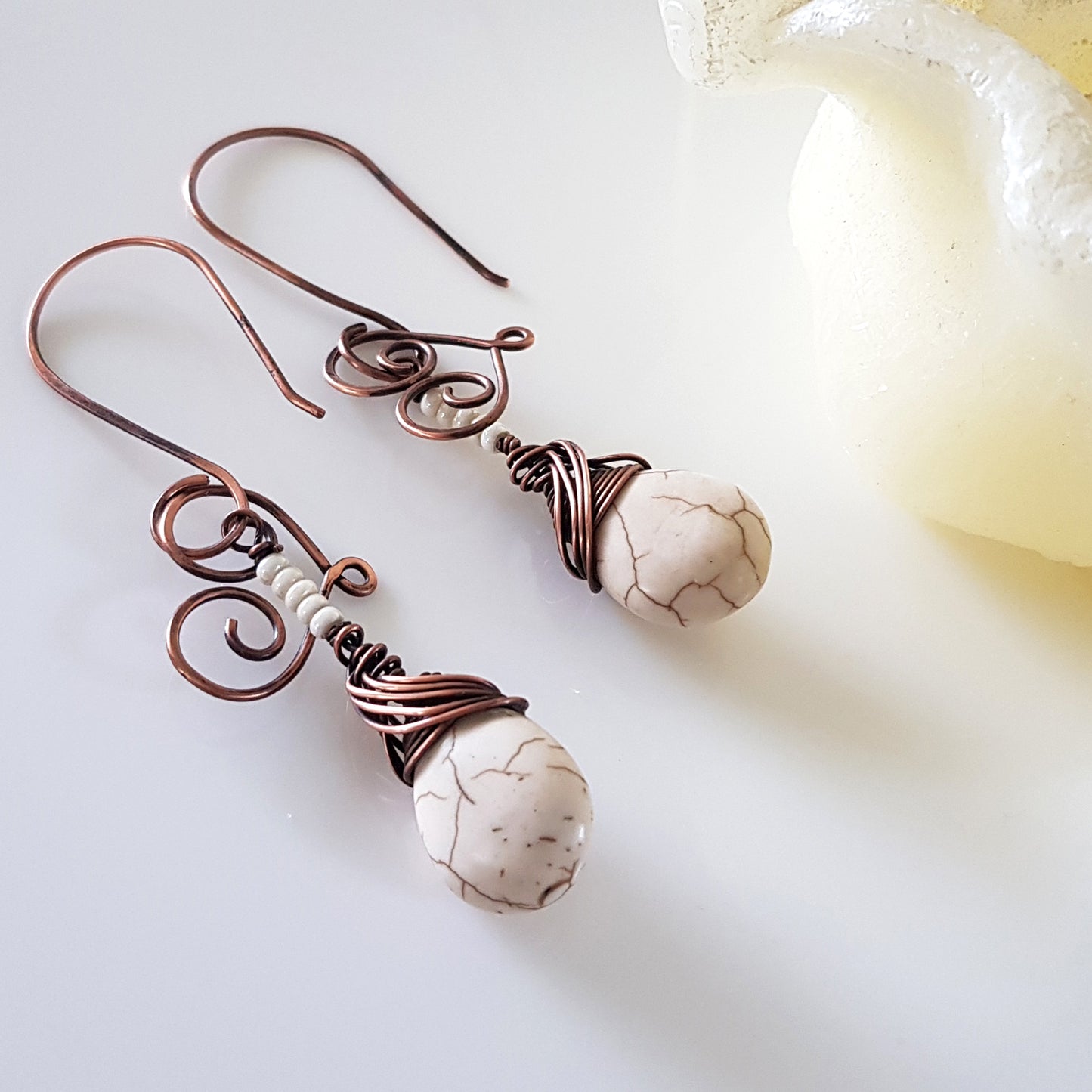 Hanging Hearts - Oxidized Copper Teardrop Howlite | (KJ-397E) Handmade Earrings - Kalitheo Jewellery