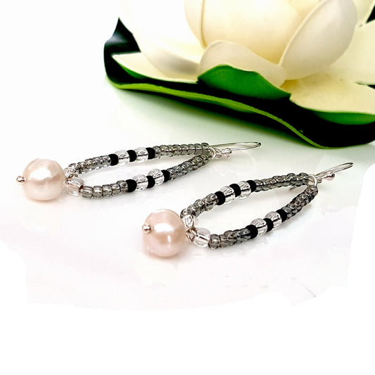 Freshwater Pearl Dangle Hoop Earrings | KJ-412EW | Artisan Earrings - Kalitheo Jewellery