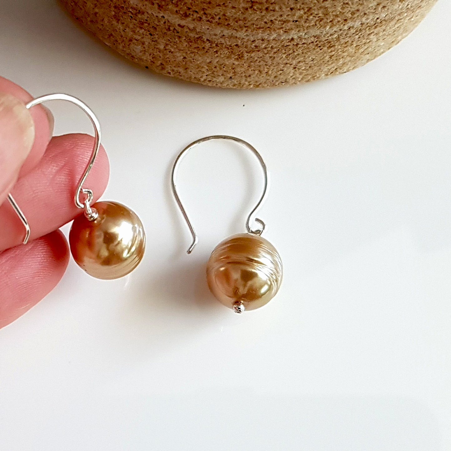 Sterling Silver Pearl Drop Earrings - Champagne Gold Pearl | KJ-420E - Kalitheo