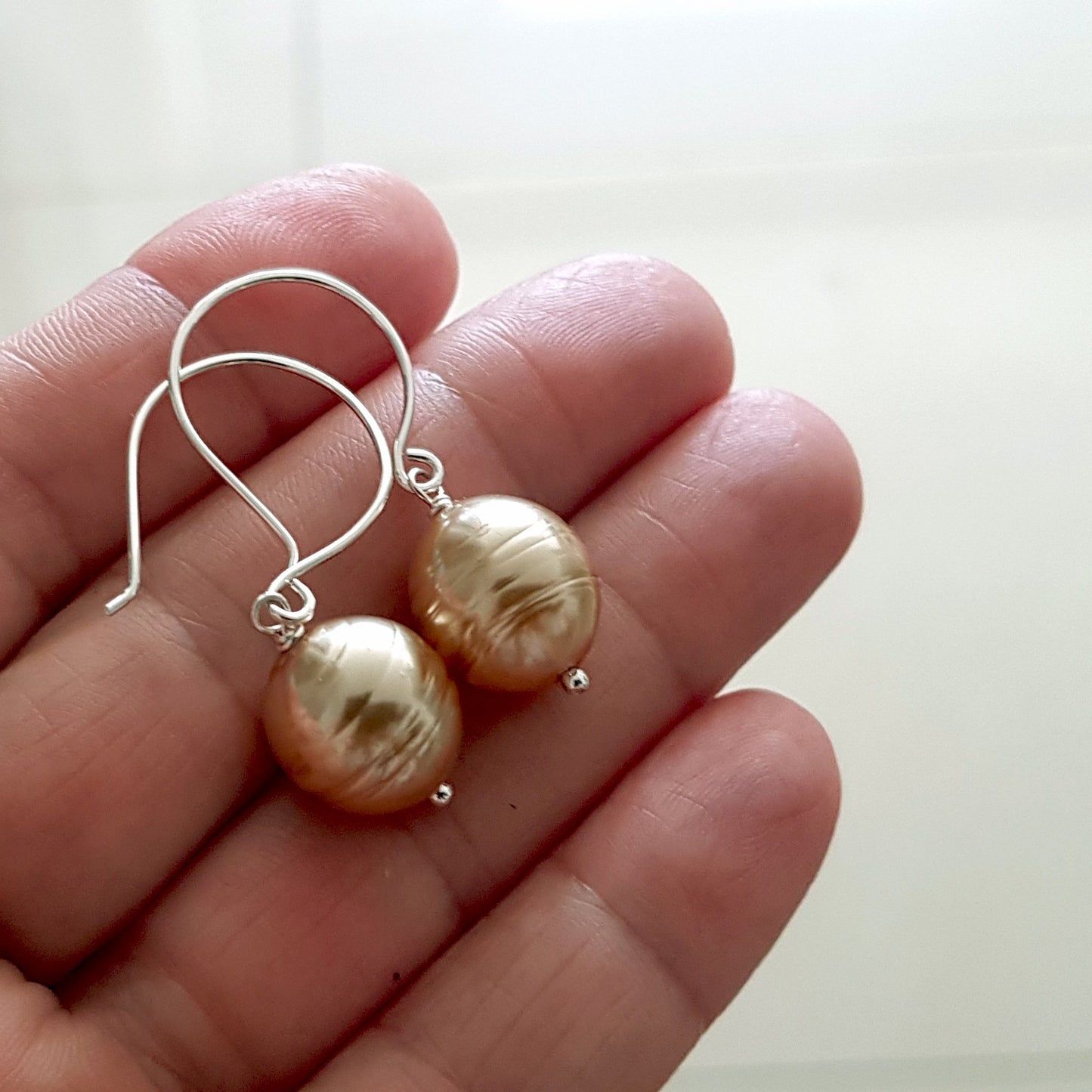 Sterling Silver Pearl Drop Earrings - Champagne Gold Pearl | KJ-420E - Kalitheo