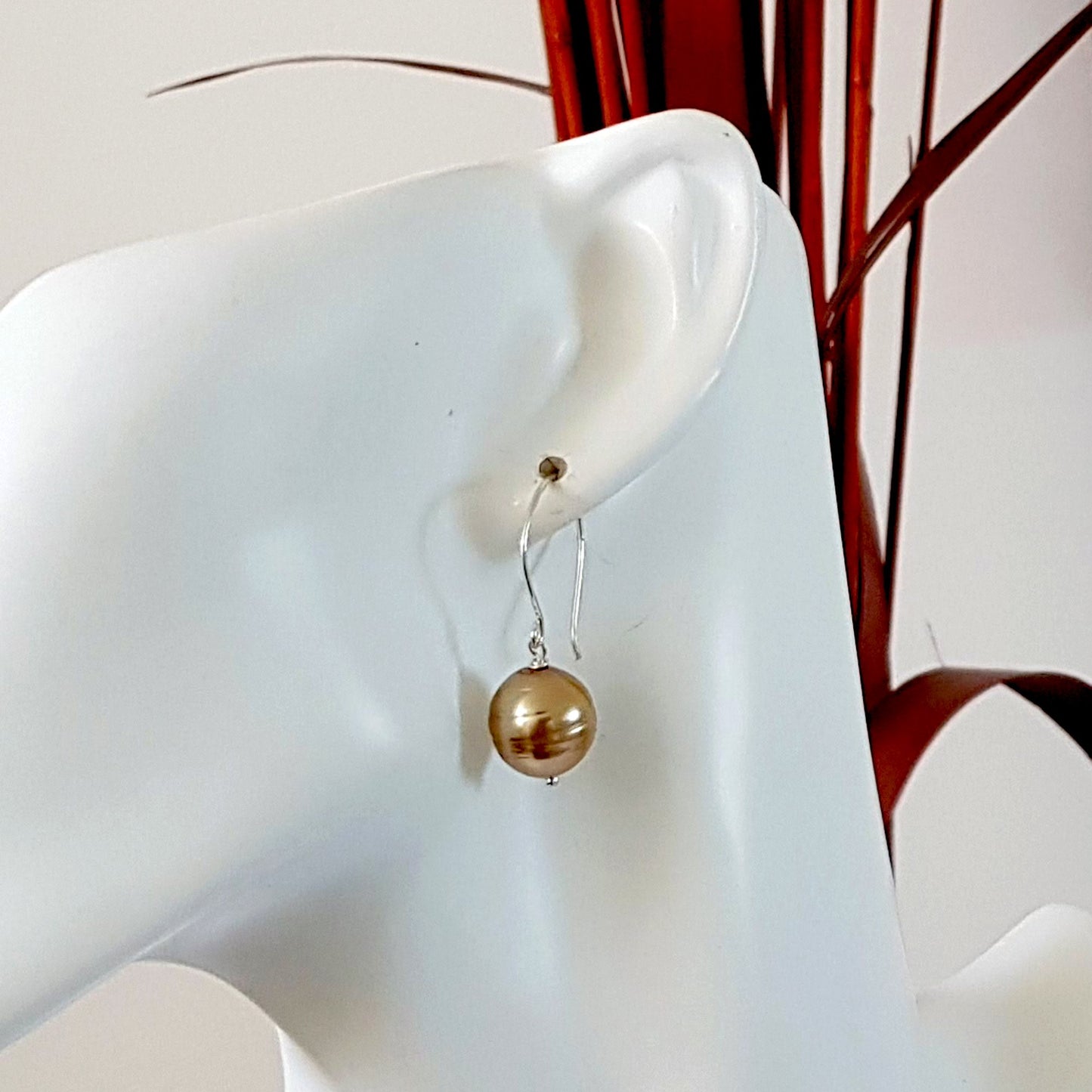 Sterling Silver Pearl Drop Earrings - Champagne Gold Pearl | KJ-420E - Kalitheo