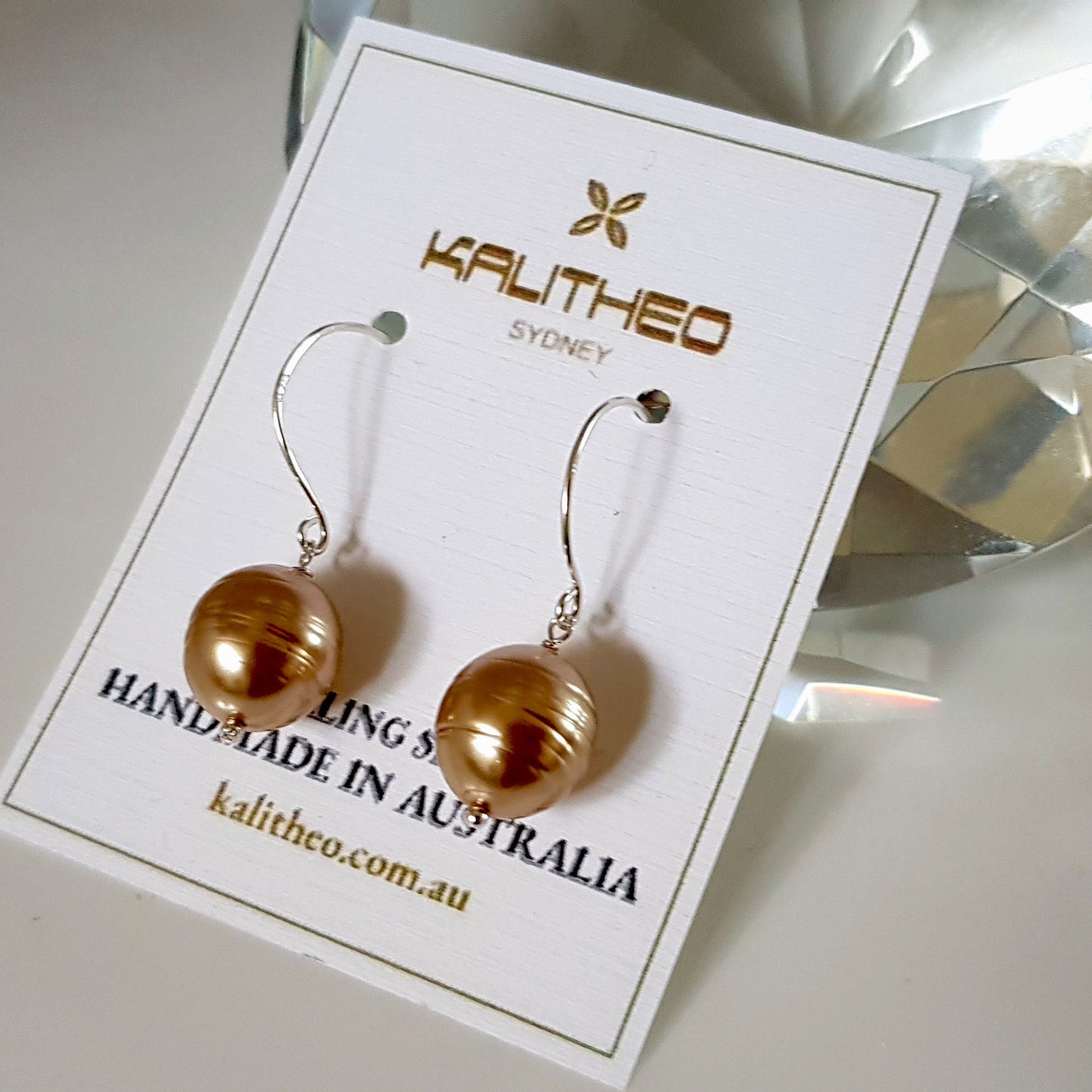 Sterling Silver Pearl Drop Earrings - Champagne Gold Pearl | KJ-420E - Kalitheo