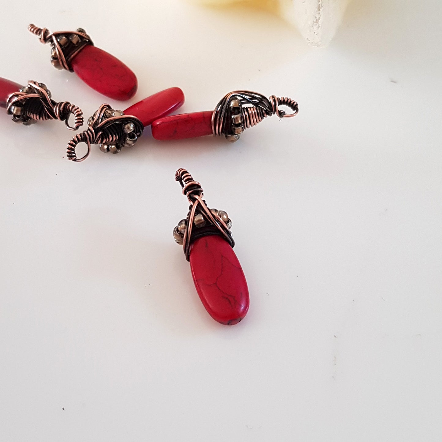 Red Howlite Wrapped Teardrop Handmade Drop Bead | WC-007D | Jewellery Supply - Kalitheo Jewellery