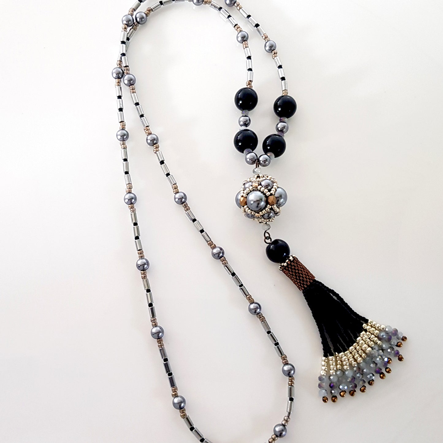 The Enchanted Ball Necklace - Black Beaded Tassel Statement Necklace | (KJ-390N/BLK ) Handmade Necklace - Kalitheo Jewellery