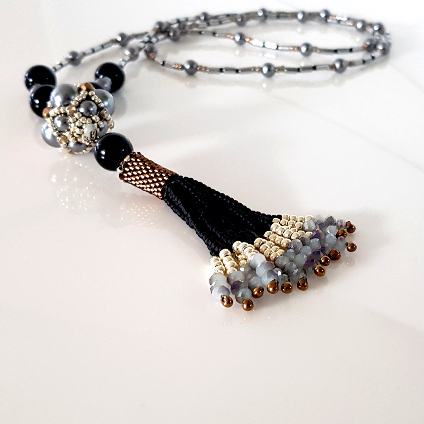 The Enchanted Ball Necklace - Black Beaded Tassel Statement Necklace | (KJ-390N/BLK ) Handmade Necklace - Kalitheo Jewellery