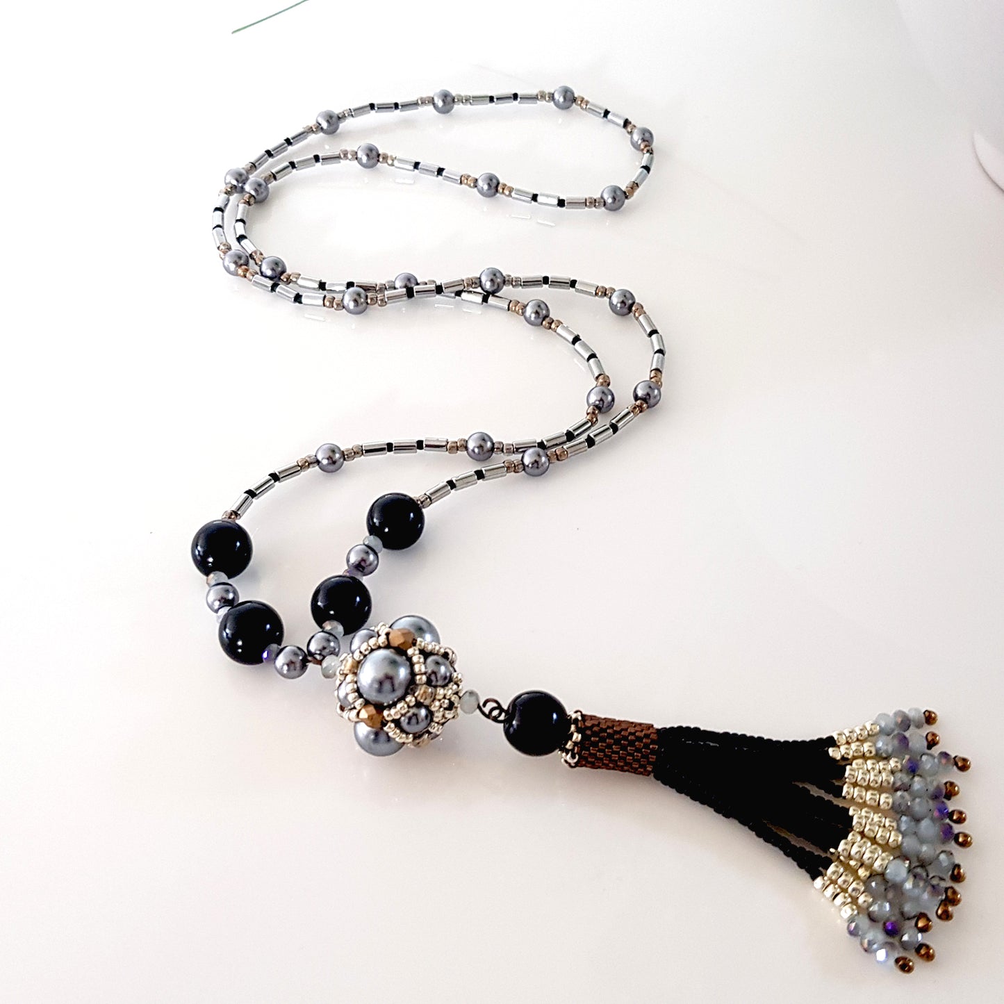 The Enchanted Ball Necklace - Black Beaded Tassel Statement Necklace | (KJ-390N/BLK ) Handmade Necklace - Kalitheo Jewellery