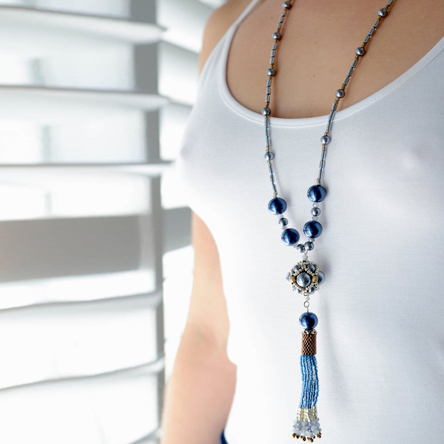 The Enchanted Ball Necklace - Blue Beaded Tassel Statement Necklace | (KJ-390N/BLU ) Handmade Necklace - Kalitheo Jewellery