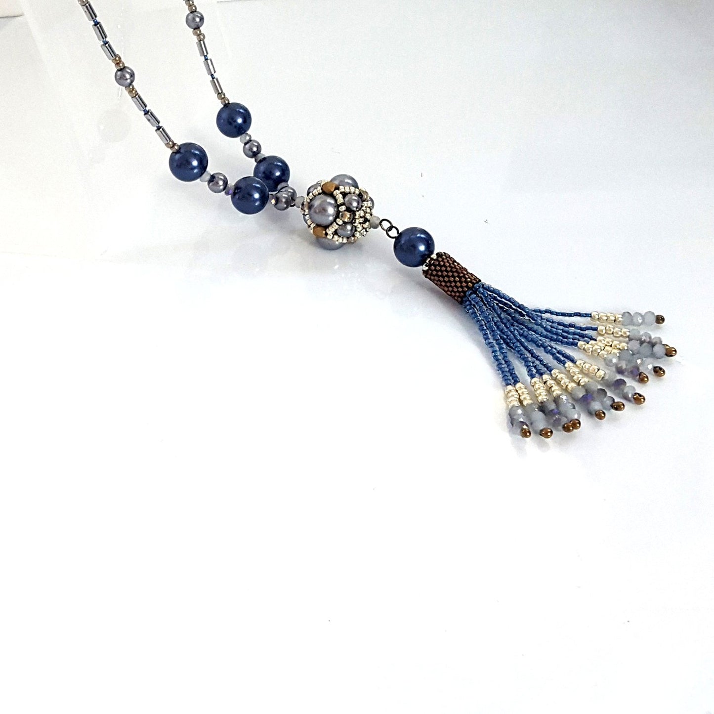 The Enchanted Ball Necklace - Blue Beaded Tassel Statement Necklace | (KJ-390N/BLU ) Handmade Necklace - Kalitheo Jewellery