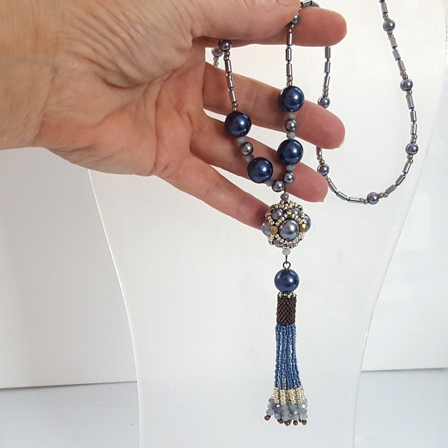 The Enchanted Ball Necklace - Blue Beaded Tassel Statement Necklace | (KJ-390N/BLU ) Handmade Necklace - Kalitheo Jewellery