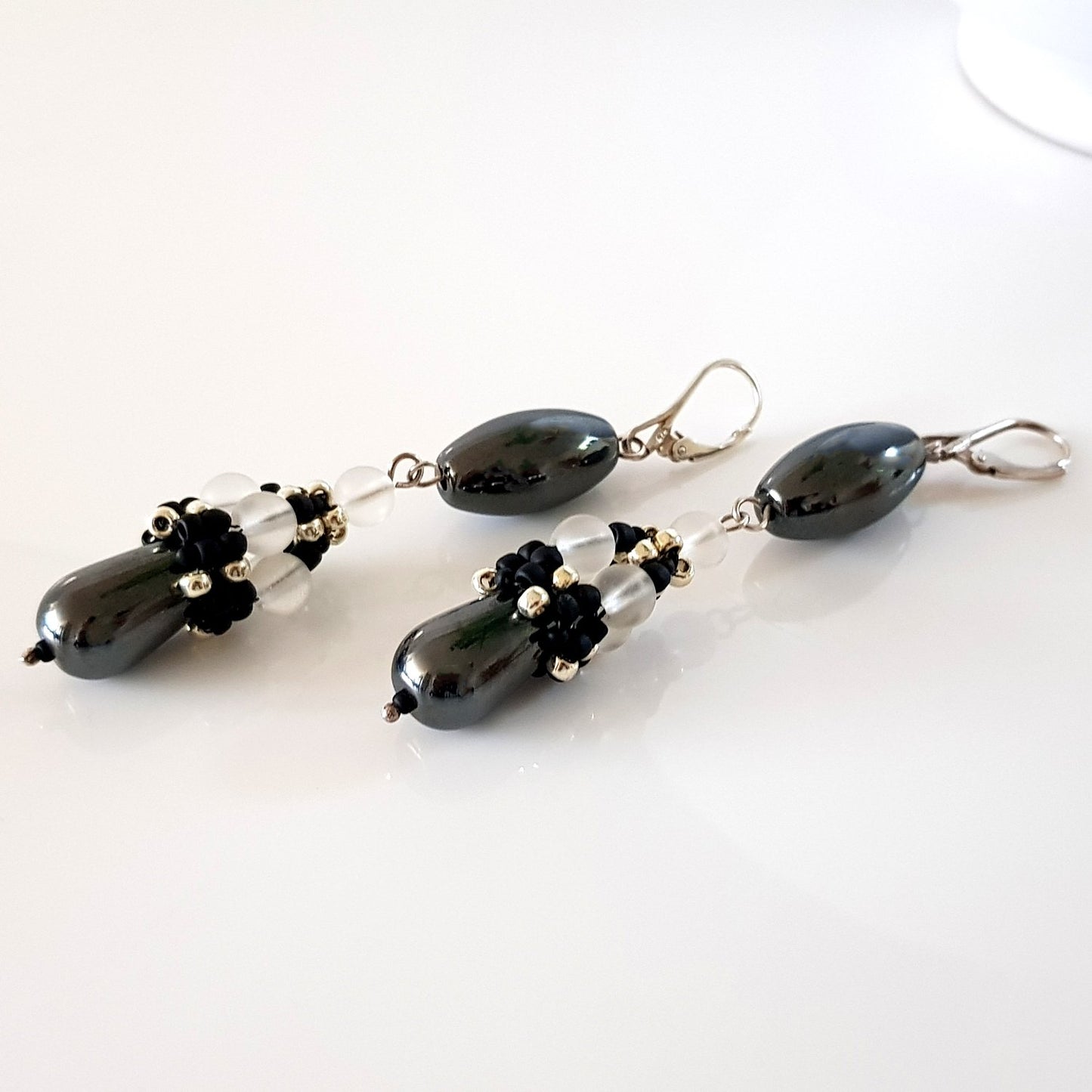 Calming Princess Earrings - Beaded Cap Haematite Long Dangle | KJ-371E | Handmade Earrings - Kalitheo Jewellery