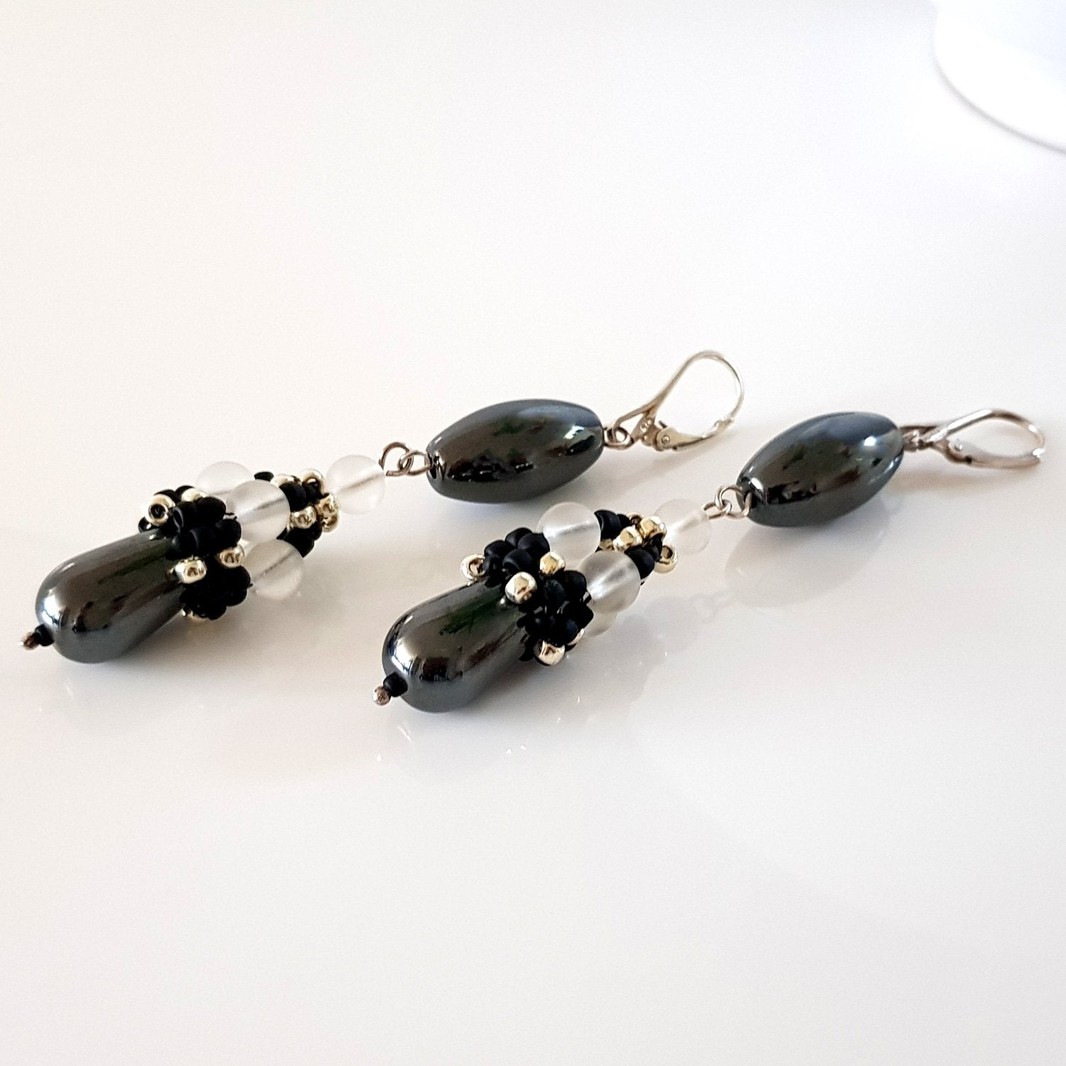 Calming Princess Earrings - Beaded Cap Haematite Long Dangle | KJ-371E | Handmade Earrings - Kalitheo Jewellery