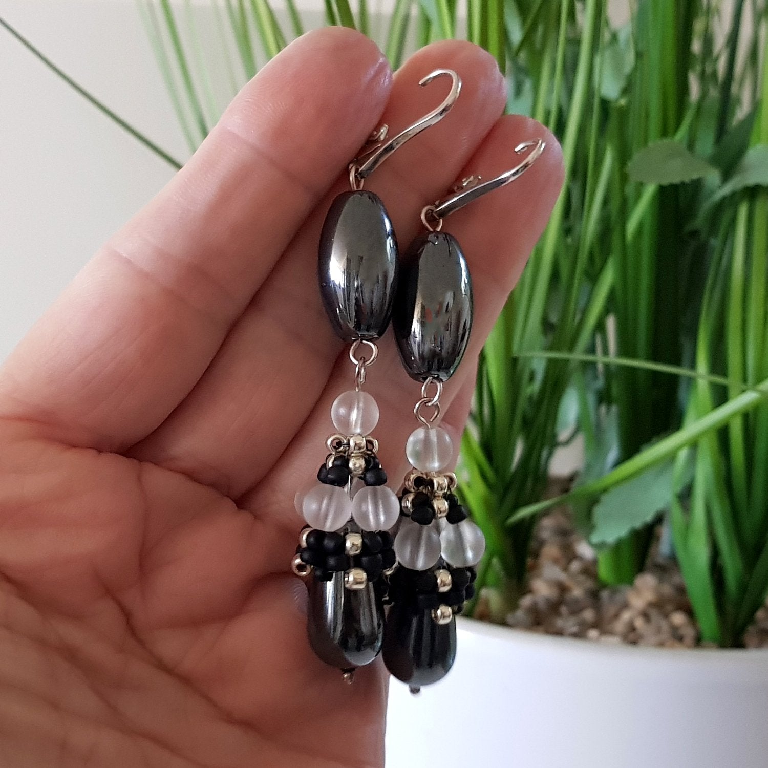 Calming Princess Earrings - Beaded Cap Haematite Long Dangle | KJ-371E | Handmade Earrings - Kalitheo Jewellery