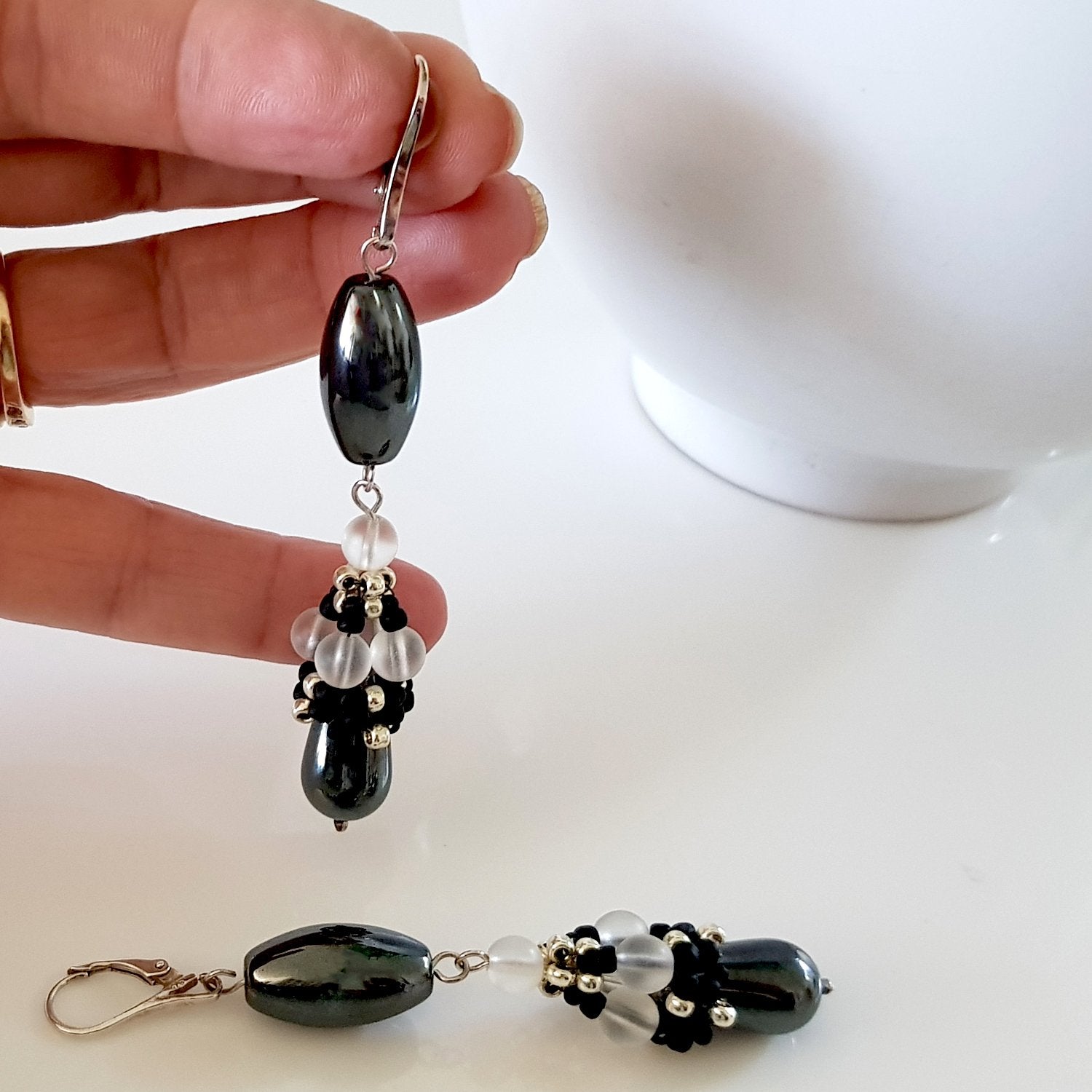 Calming Princess Earrings - Beaded Cap Haematite Long Dangle | KJ-371E | Handmade Earrings - Kalitheo Jewellery