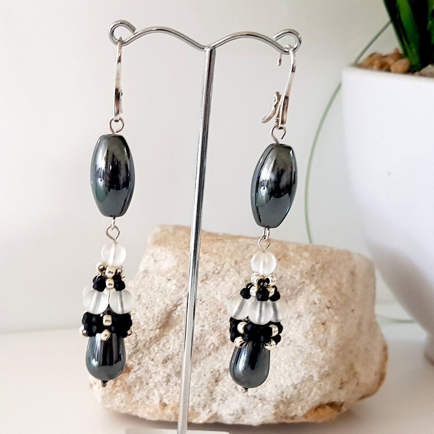 Calming Princess Earrings - Beaded Cap Haematite Long Dangle | KJ-371E | Handmade Earrings - Kalitheo Jewellery