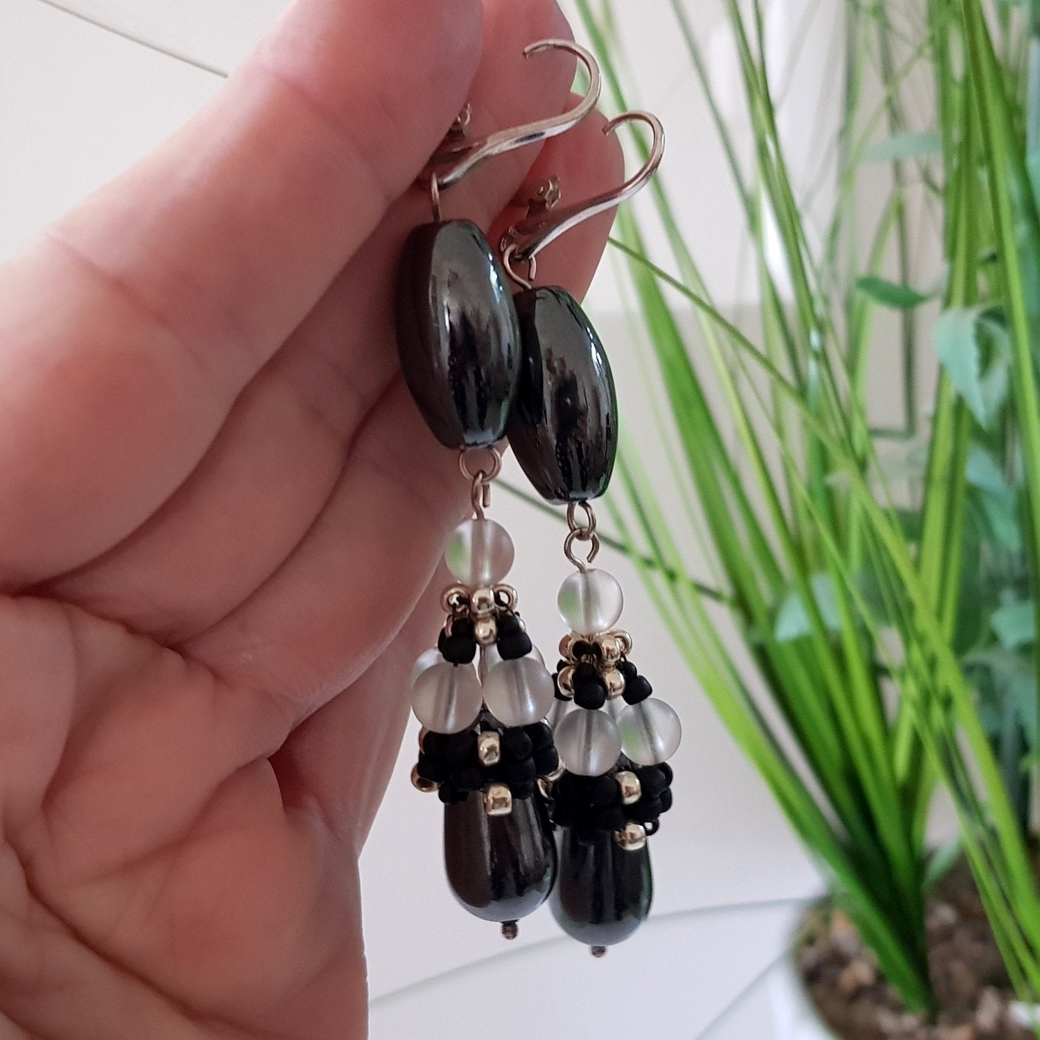 Calming Princess Earrings - Beaded Cap Haematite Long Dangle | KJ-371E | Handmade Earrings - Kalitheo Jewellery