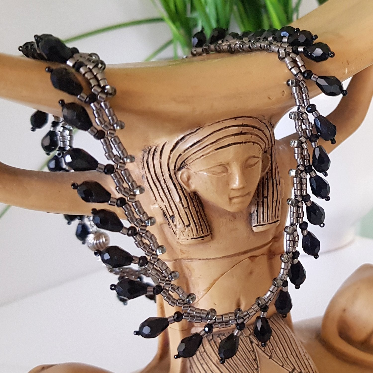 Classic Teardrop Beauty - Black Teardrop Fringe Silver Necklace | (KJ-399N) Handmade Necklace - Kalitheo Jewellery