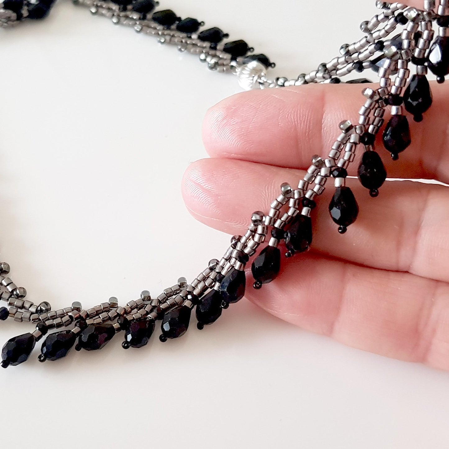 Classic Teardrop Beauty - Black Teardrop Fringe Silver Necklace | (KJ-399N) Handmade Necklace - Kalitheo Jewellery