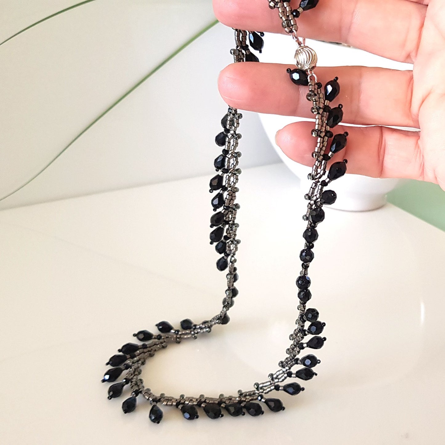 Classic Teardrop Beauty - Black Teardrop Fringe Silver Necklace | (KJ-399N) Handmade Necklace - Kalitheo Jewellery