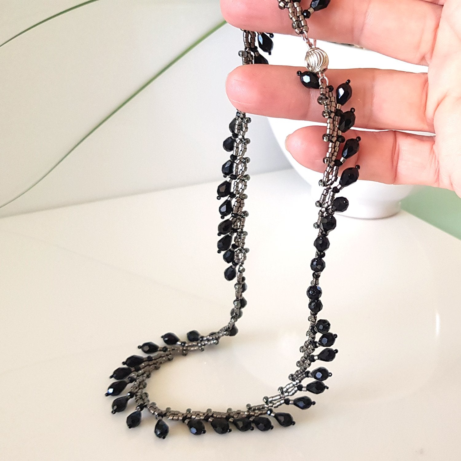Classic Teardrop Beauty - Black Teardrop Fringe Silver Necklace | (KJ-399N) Handmade Necklace - Kalitheo Jewellery