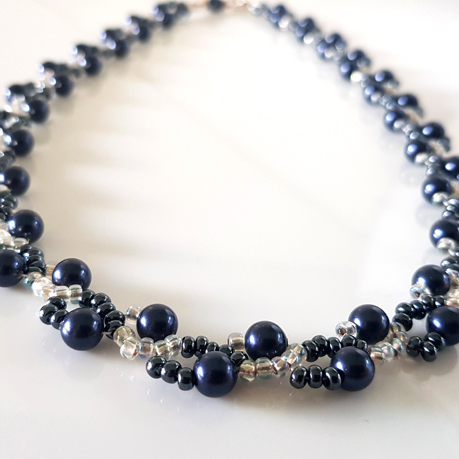 Dancing Clouds - Swarovski Dark Blue Pearl Beaded Necklace | (KJ-378N) Handmade Designer Necklace - Kalitheo Jewellery