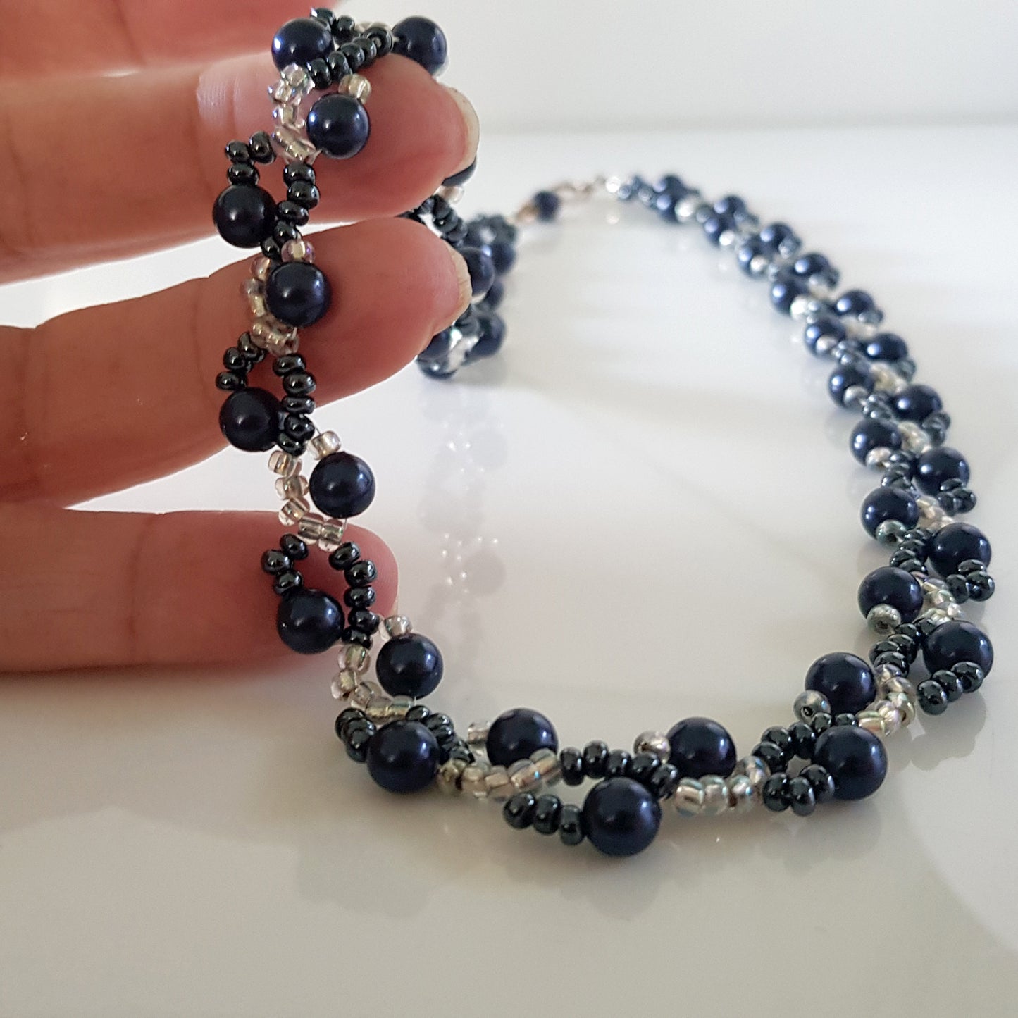 Dancing Clouds - Swarovski Dark Blue Pearl Beaded Necklace | (KJ-378N) Handmade Designer Necklace - Kalitheo Jewellery