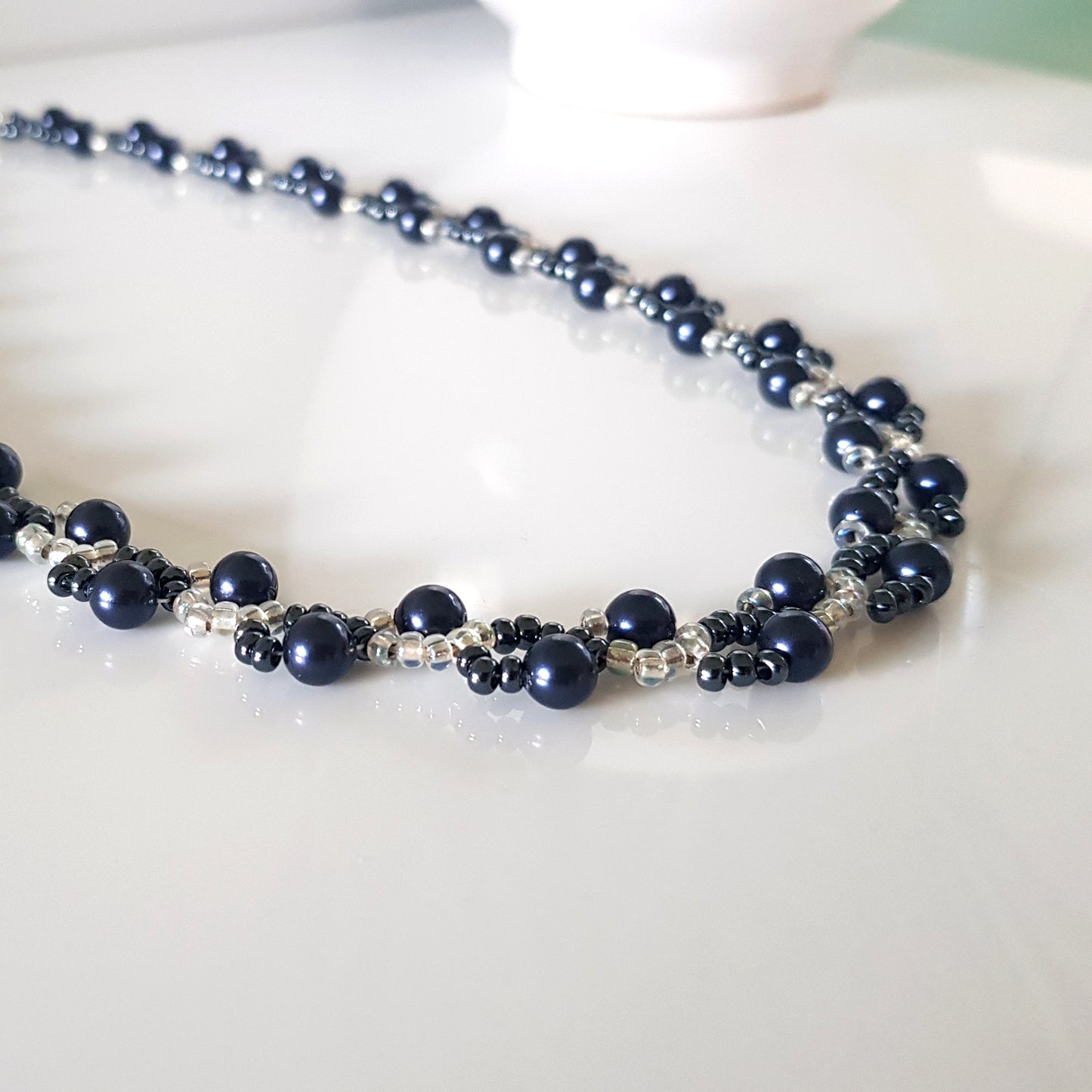 Dancing Clouds - Swarovski Dark Blue Pearl Beaded Necklace | (KJ-378N) Handmade Designer Necklace - Kalitheo Jewellery