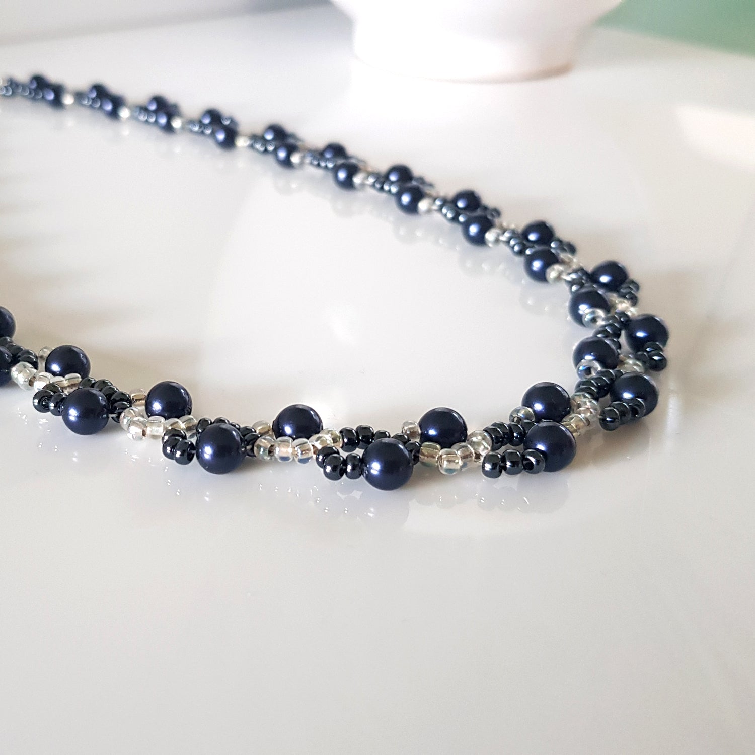 Dancing Clouds - Swarovski Dark Blue Pearl Beaded Necklace | (KJ-378N) Handmade Designer Necklace - Kalitheo Jewellery